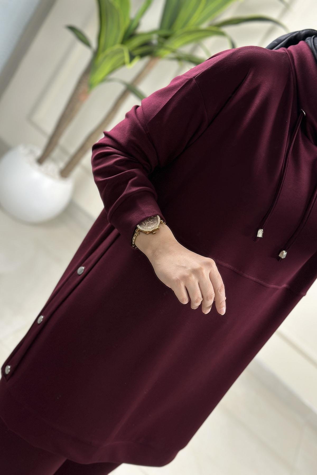 Tesettür Pantolonlu TakımDüşük Omuz Yanı Zımba Detaylı Tunik ve Pantolon Kadın İkili Takım Bordo GNR 227