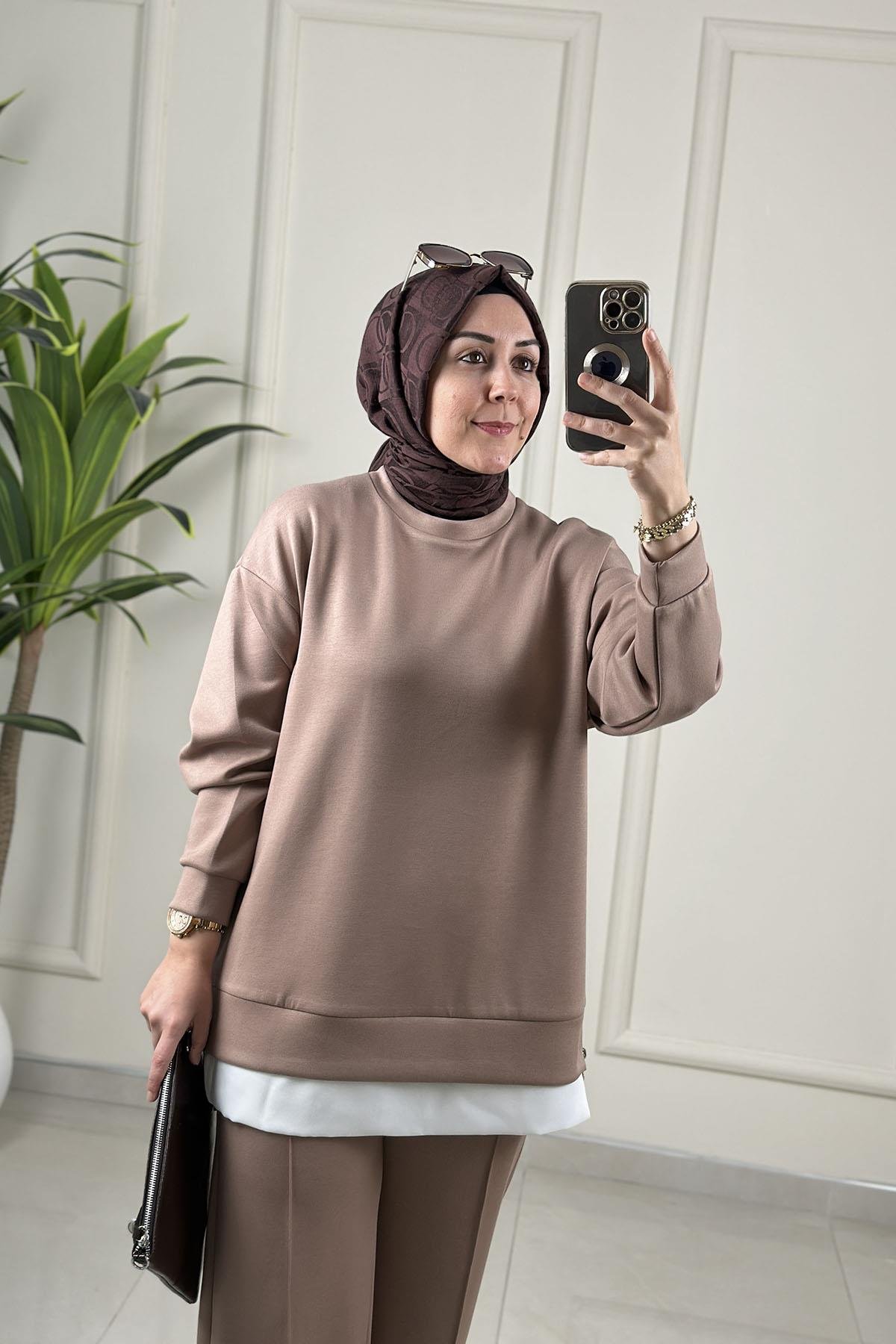 Tesettür Pantolonlu TakımDüşük Omuz Yan Fermuar Detaylı Tunik ve Pantolon Kadın İkili Takım Vizon MİX 2642