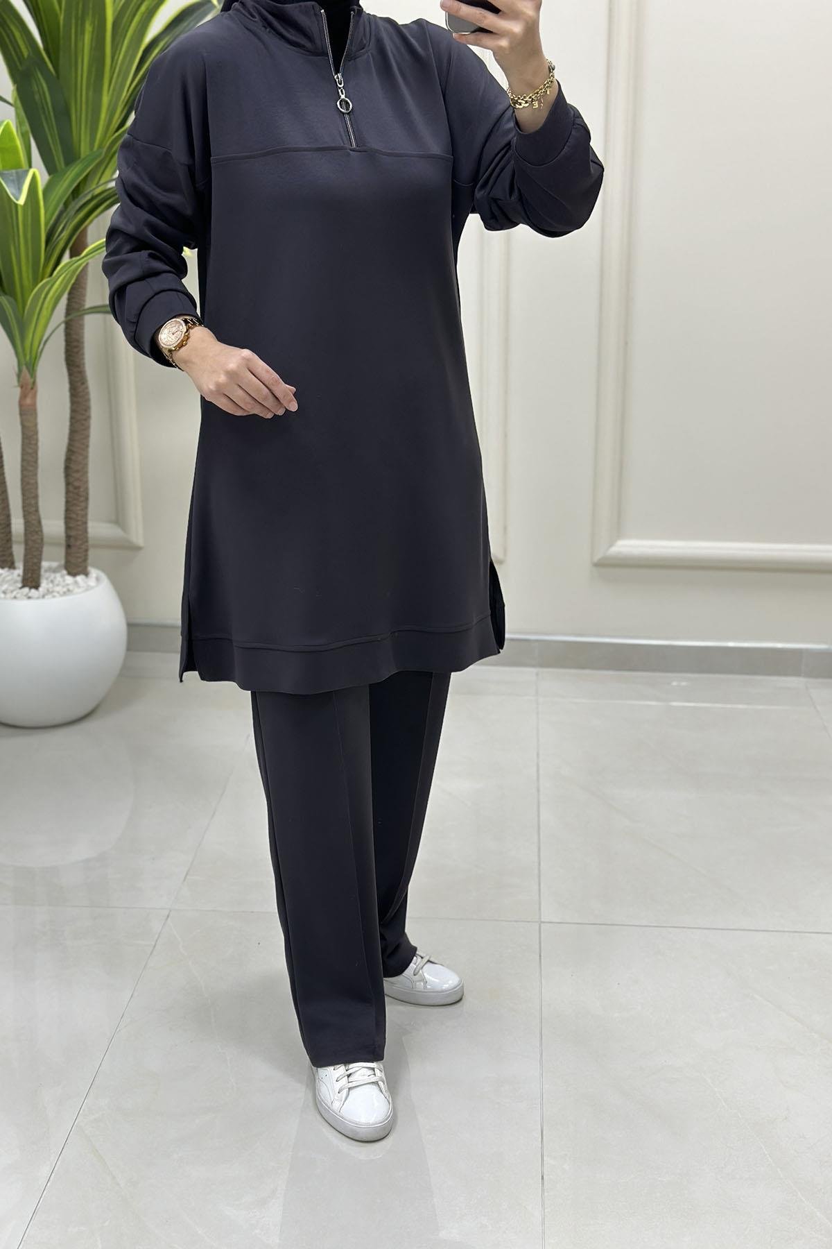 Tesettür Pantolonlu TakımDüşük Omuz Yaka Fermuarlı Tunik ve Pantolon Kadın İkili Takım Antrasit MP 522