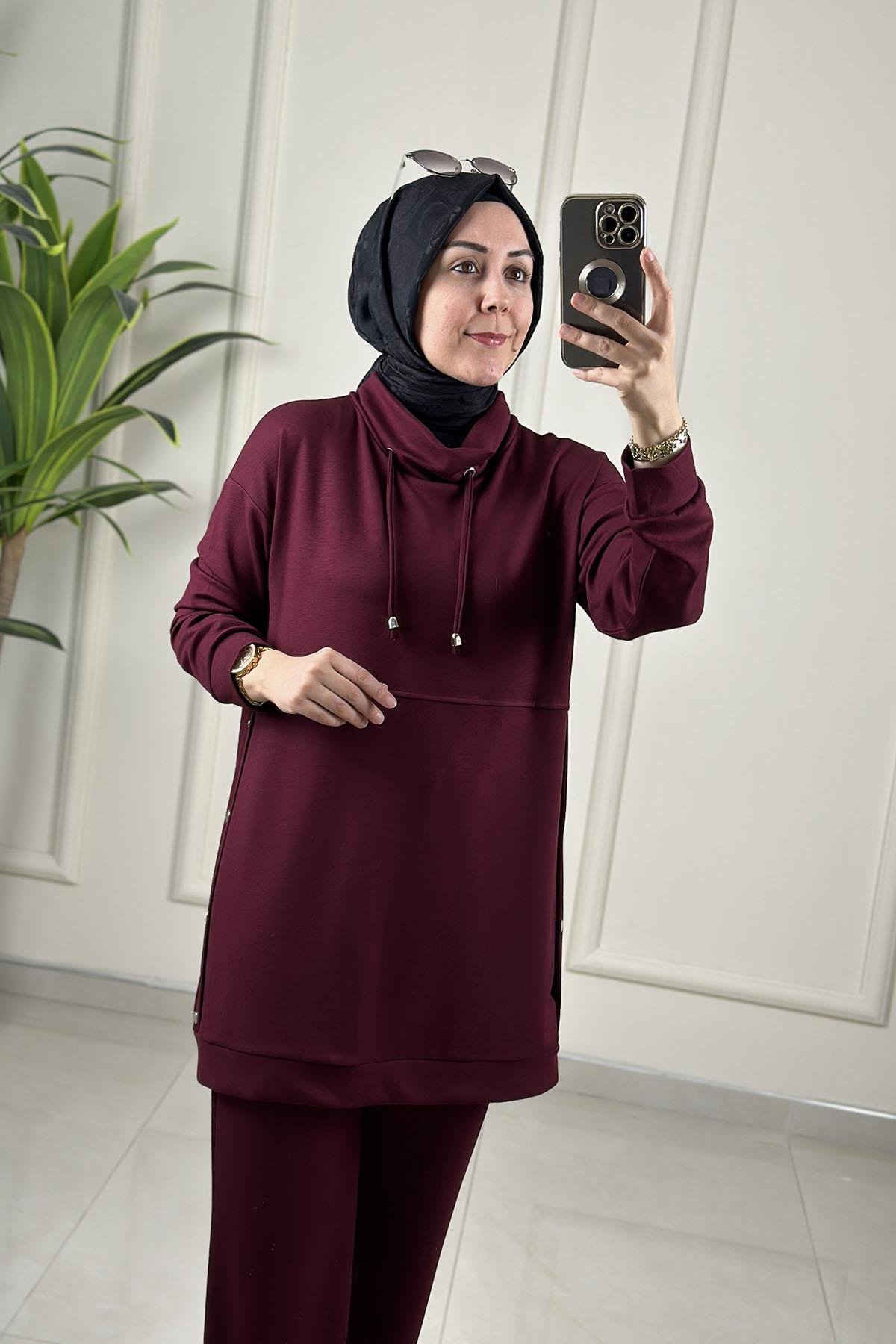 Tesettür Pantolonlu TakımDüşük Omuz Yanı Zımba Detaylı Tunik ve Pantolon Kadın İkili Takım Bordo GNR 227