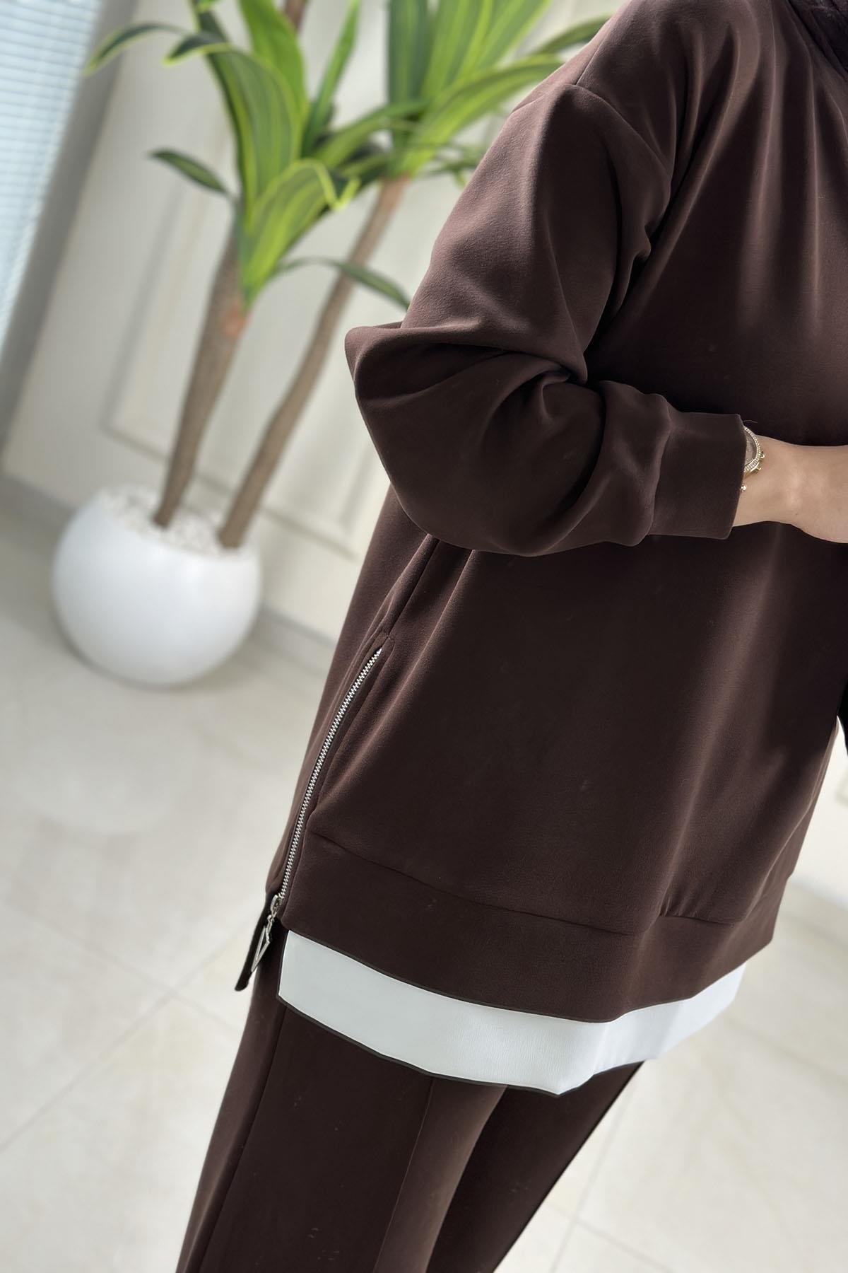 Tesettür Pantolonlu TakımDüşük Omuz Yan Fermuar Detaylı Tunik ve Pantolon Kadın İkili Takım Kahverengi MİX 2642