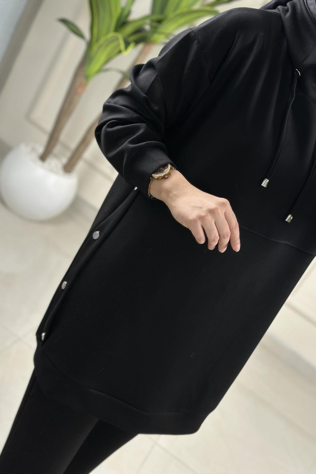 Tesettür Pantolonlu TakımDüşük Omuz Yanı Zımba Detaylı Tunik ve Pantolon Kadın İkili Takım Siyah GNR 227