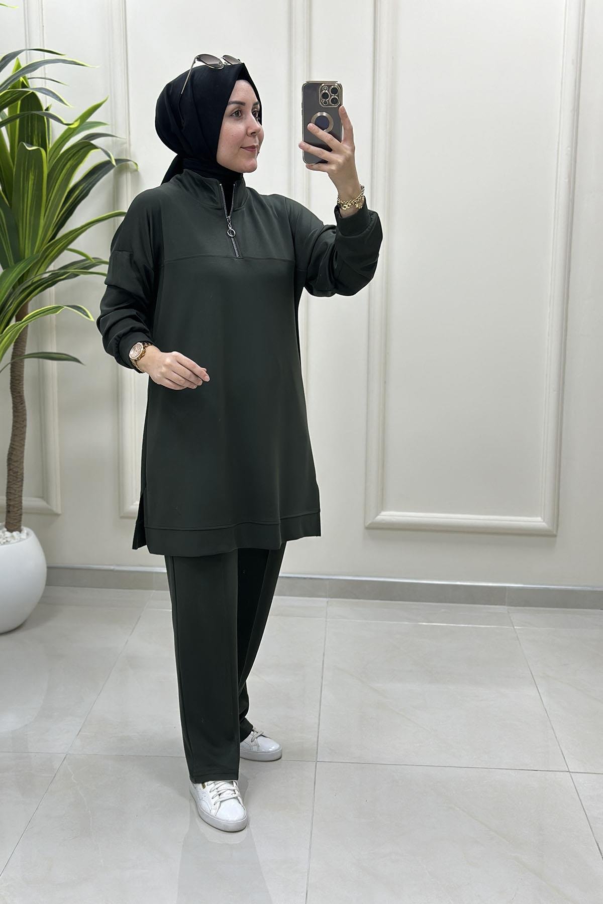 Tesettür Pantolonlu TakımDüşük Omuz Yaka Fermuarlı Tunik ve Pantolon Kadın İkili Takım Haki MP 522