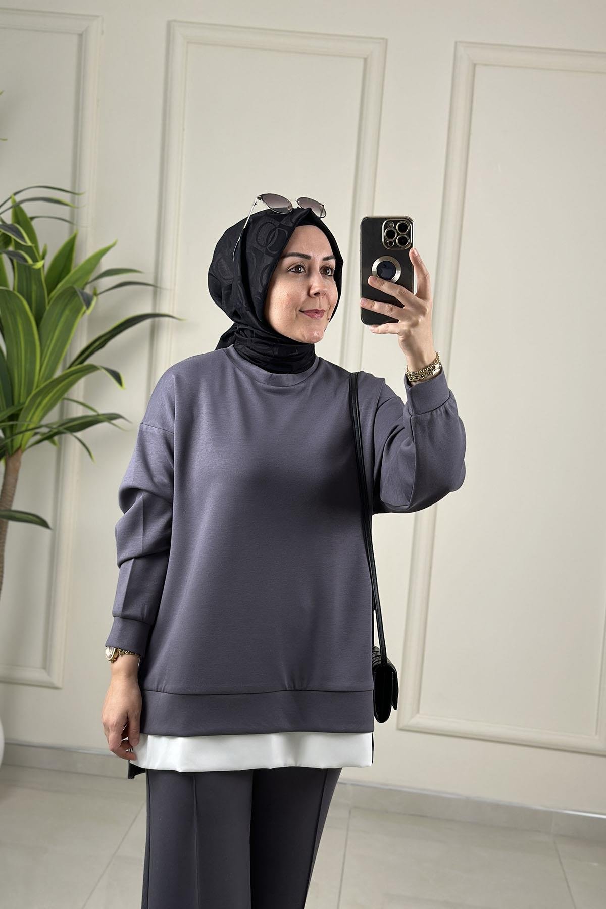 Tesettür Pantolonlu TakımDüşük Omuz Yan Fermuar Detaylı Tunik ve Pantolon Kadın İkili Takım Antrasit MİX 2642