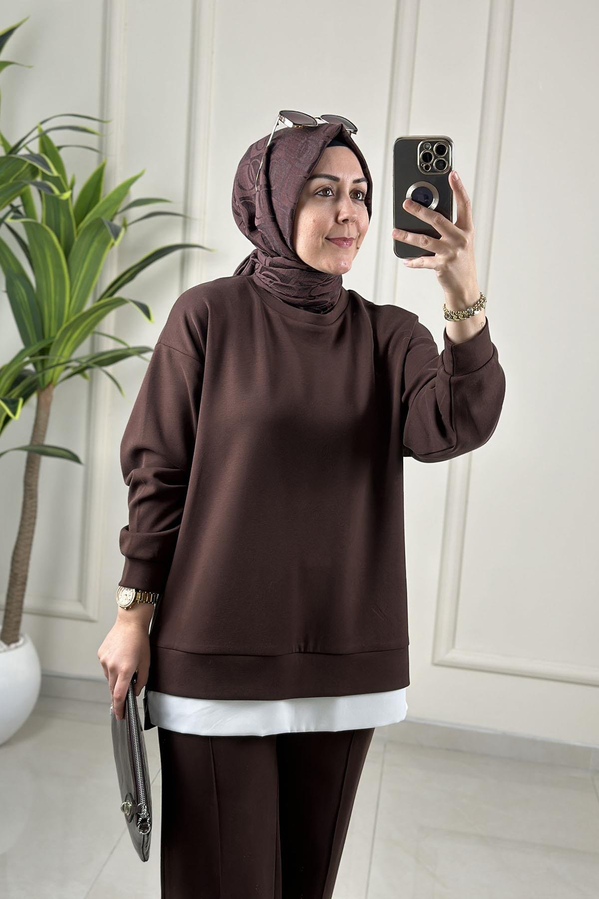 Tesettür Pantolonlu TakımDüşük Omuz Yan Fermuar Detaylı Tunik ve Pantolon Kadın İkili Takım Kahverengi MİX 2642