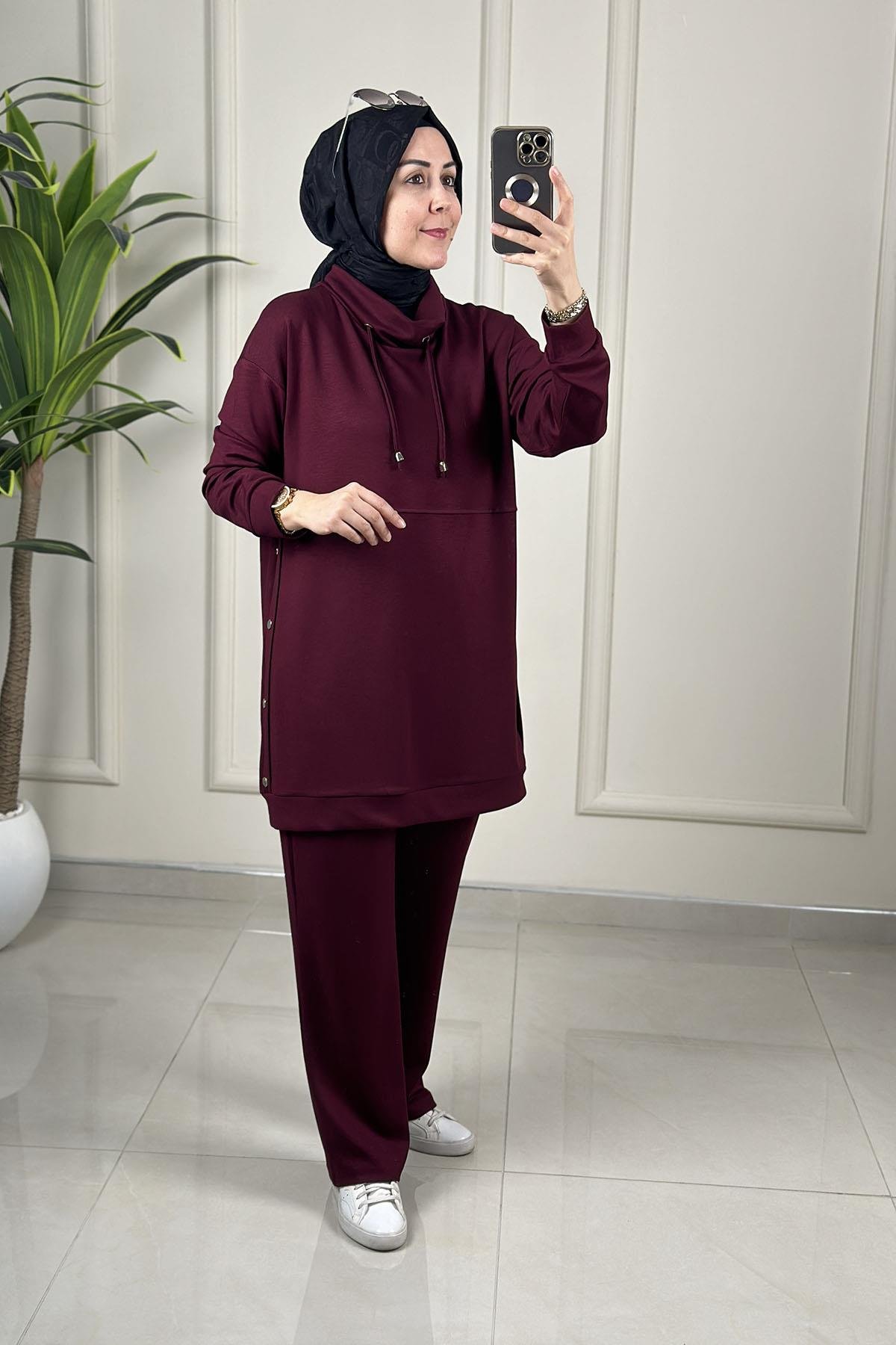 Tesettür Pantolonlu TakımDüşük Omuz Yanı Zımba Detaylı Tunik ve Pantolon Kadın İkili Takım Bordo GNR 227