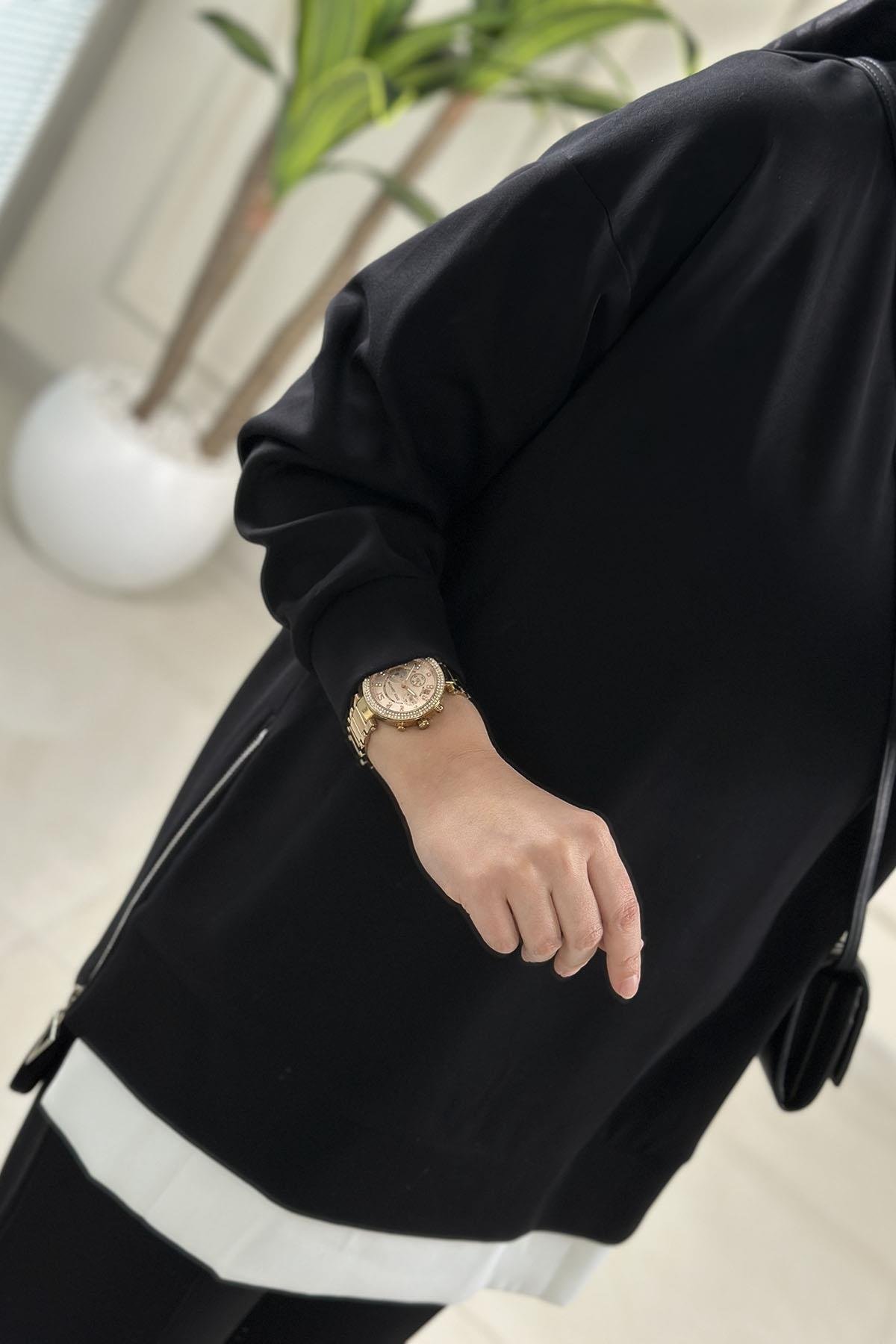 Tesettür Pantolonlu TakımDüşük Omuz Yan Fermuar Detaylı Tunik ve Pantolon Kadın İkili Takım Siyah MİX 2642