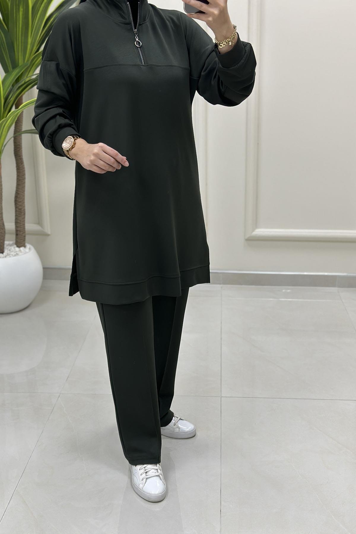 Tesettür Pantolonlu TakımDüşük Omuz Yaka Fermuarlı Tunik ve Pantolon Kadın İkili Takım Haki MP 522