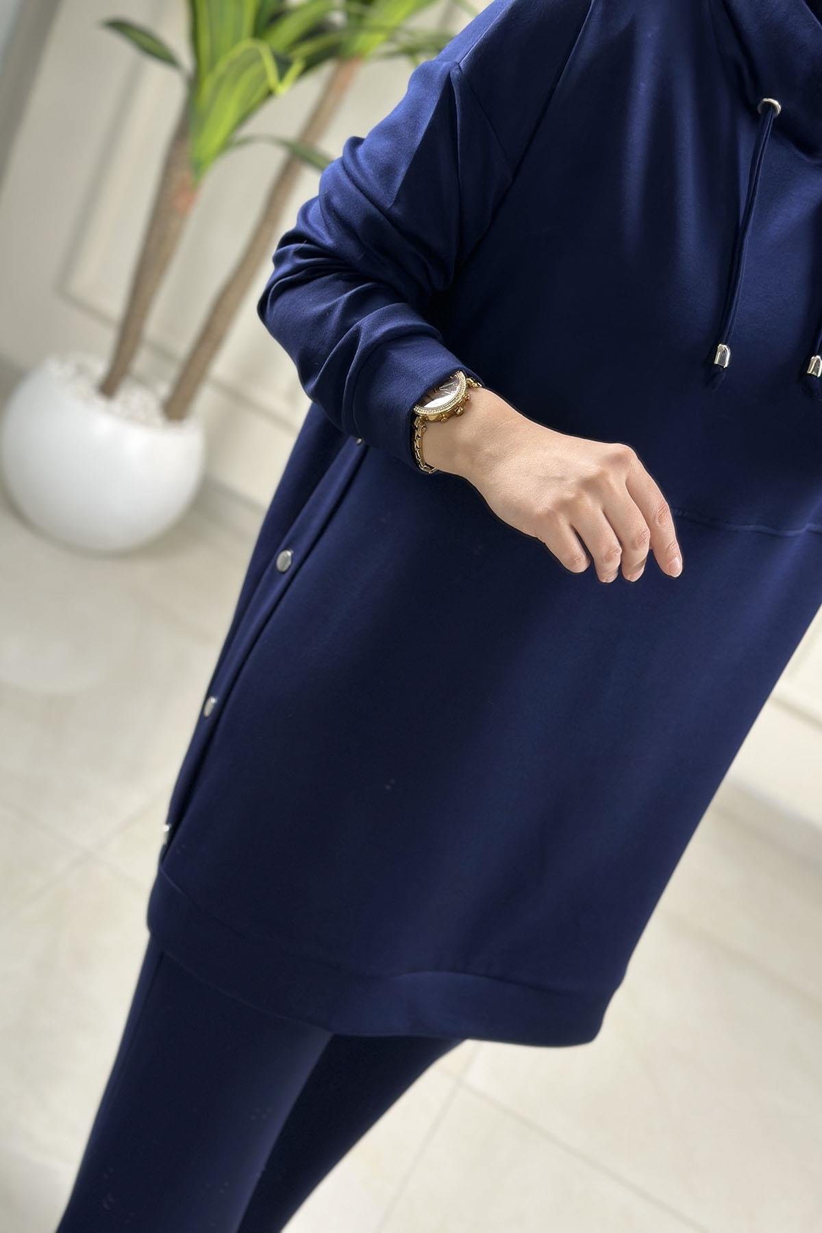 Tesettür Pantolonlu TakımDüşük Omuz Yanı Zımba Detaylı Tunik ve Pantolon Kadın İkili Takım Lacivert GNR 227