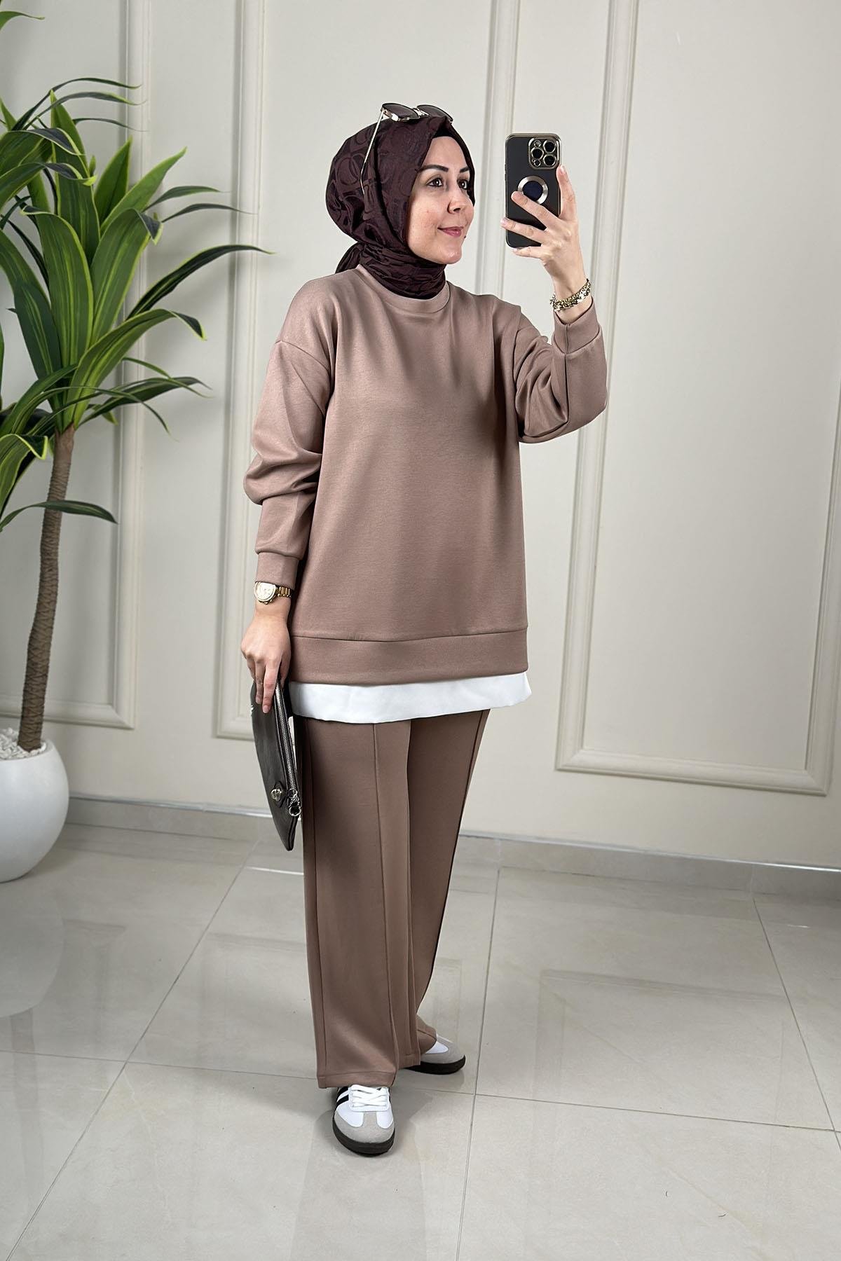 Tesettür Pantolonlu TakımDüşük Omuz Yan Fermuar Detaylı Tunik ve Pantolon Kadın İkili Takım Vizon MİX 2642