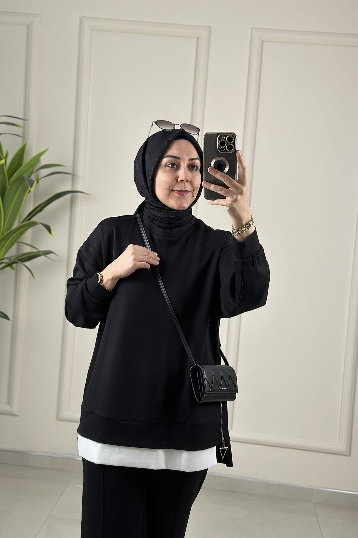 Tesettür Pantolonlu TakımDüşük Omuz Yan Fermuar Detaylı Tunik ve Pantolon Kadın İkili Takım Siyah MİX 2642