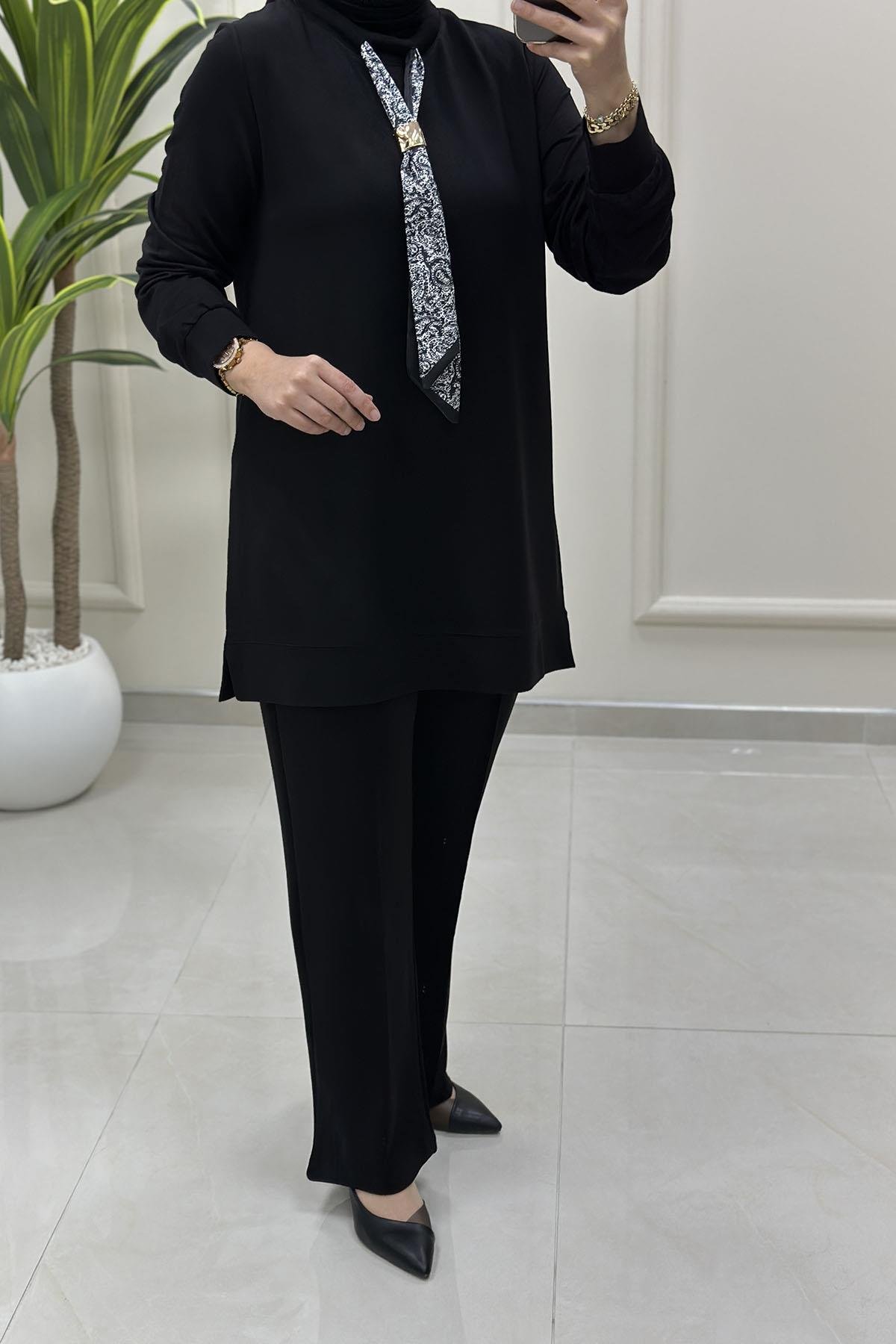 Tesettür Pantolonlu TakımFular Detaylı Tunik ve Pantolon Kadın İkili Takım Siyah KADO 257647