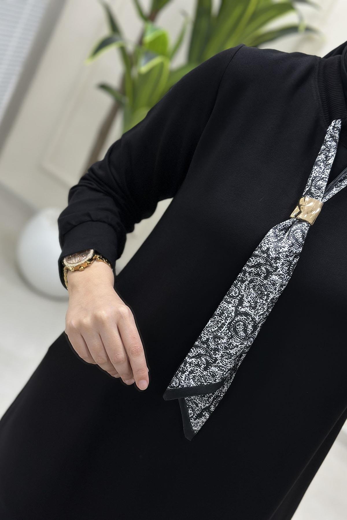 Tesettür Pantolonlu TakımFular Detaylı Tunik ve Pantolon Kadın İkili Takım Siyah KADO 257647