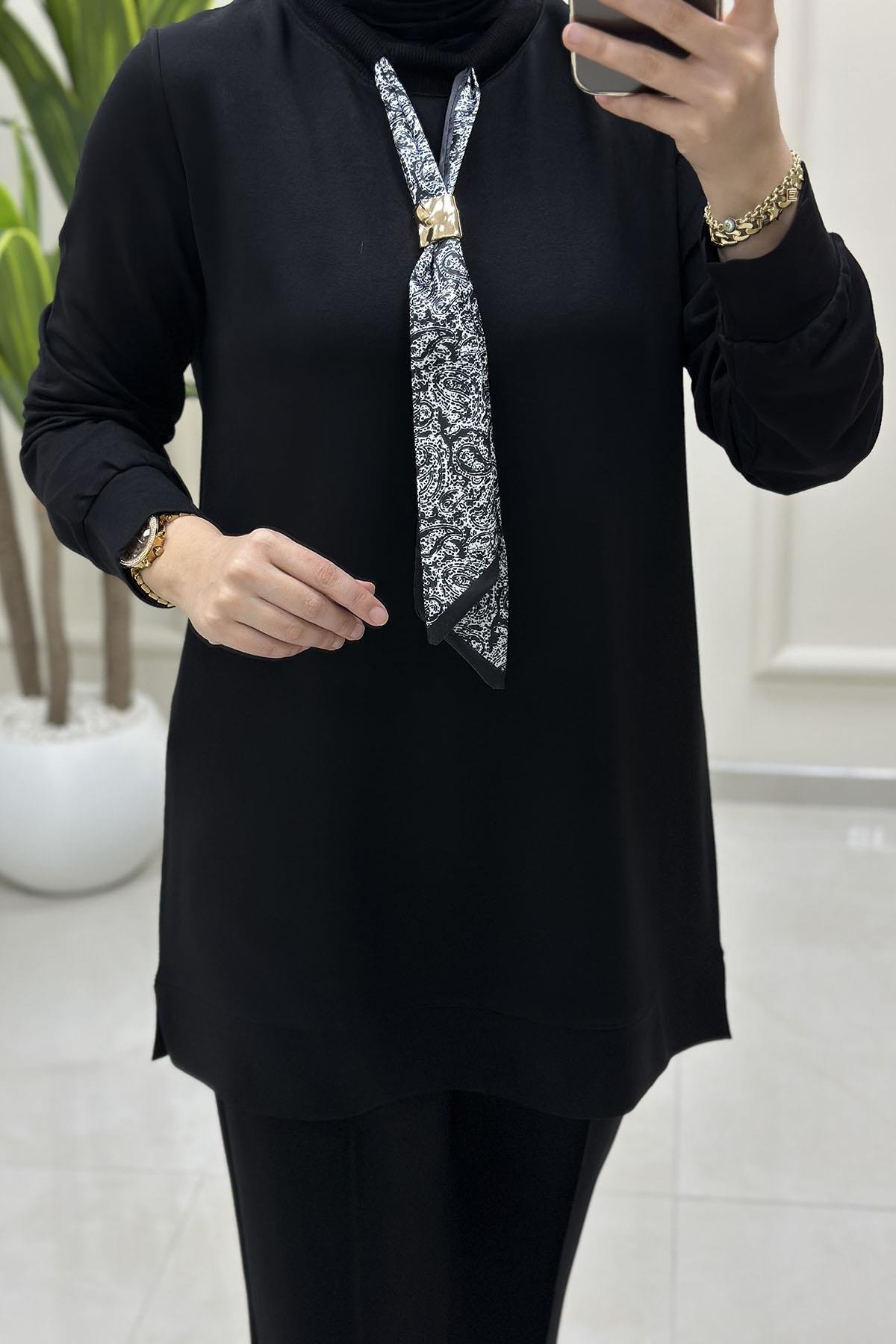 Tesettür Pantolonlu TakımFular Detaylı Tunik ve Pantolon Kadın İkili Takım Siyah KADO 257647