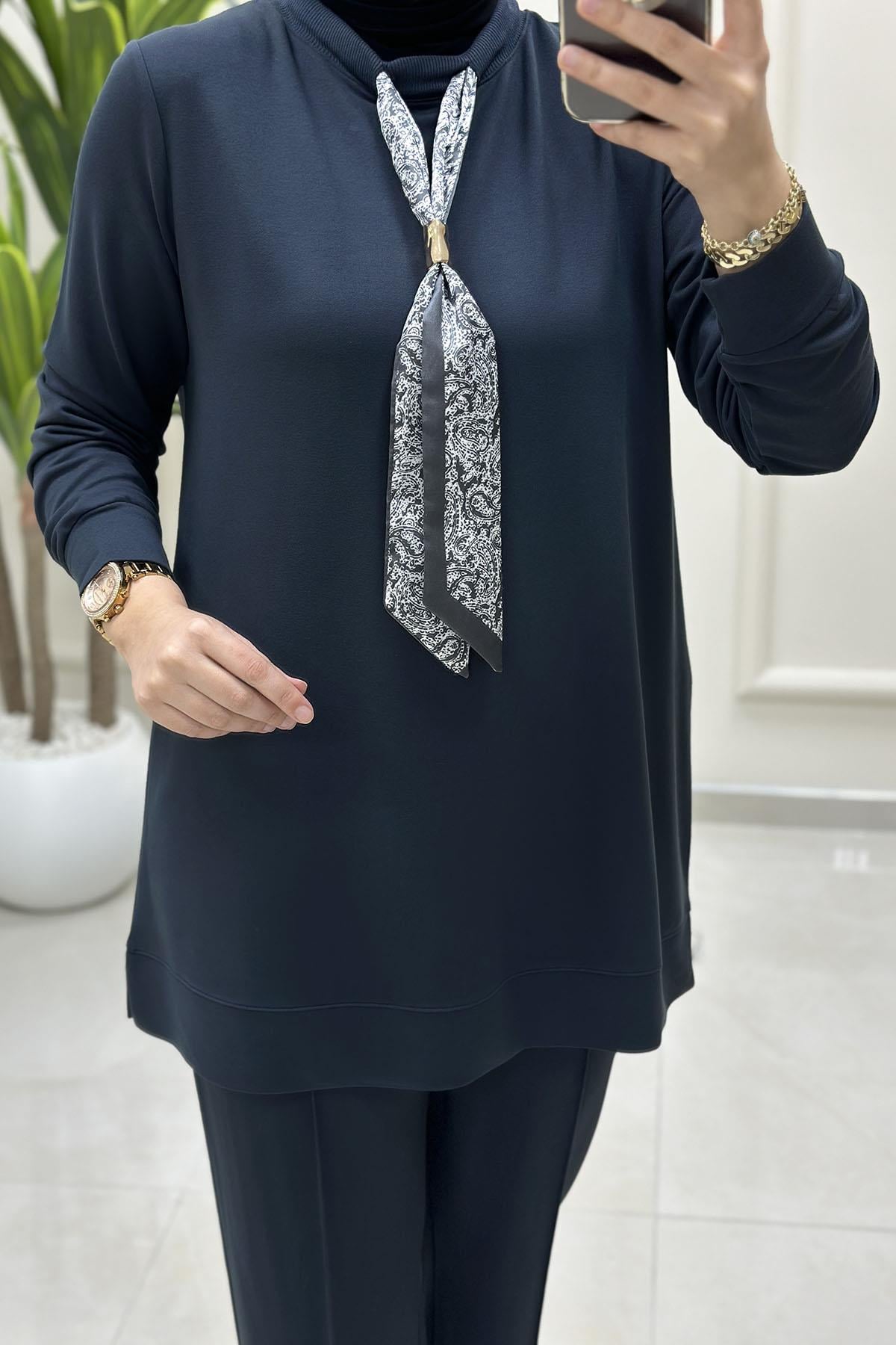 Tesettür Pantolonlu TakımFular Detaylı Tunik ve Pantolon Kadın İkili Takım Antrasit KADO 257647