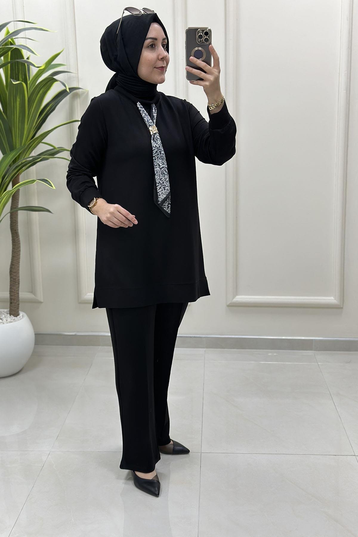 Tesettür Pantolonlu TakımFular Detaylı Tunik ve Pantolon Kadın İkili Takım Siyah KADO 257647