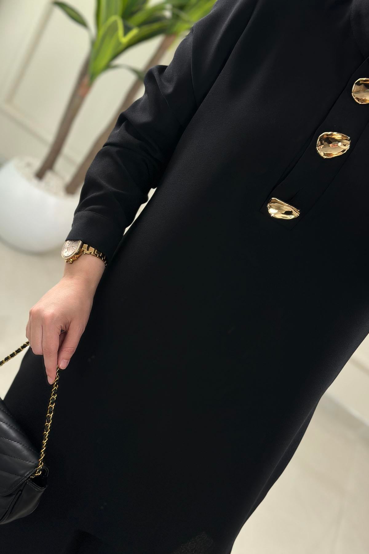 Tesettür Pantolonlu TakımGold Düğme Detaylı Tunik ve Pantolon Kadın İkili Takım Siyah MLH 2625