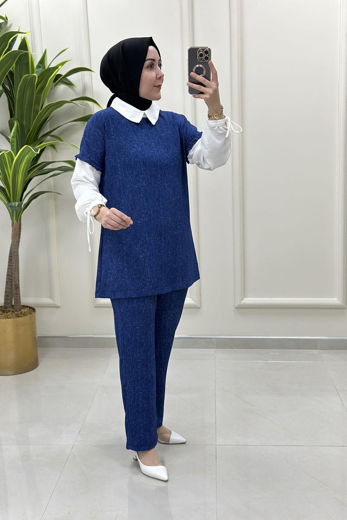 Tesettür Pantolonlu TakımKol Fırfır ve Bağlama Detaylı Tunik ve Pantolon Kadın İkili Takım Koyu İndigo NRV 24504
