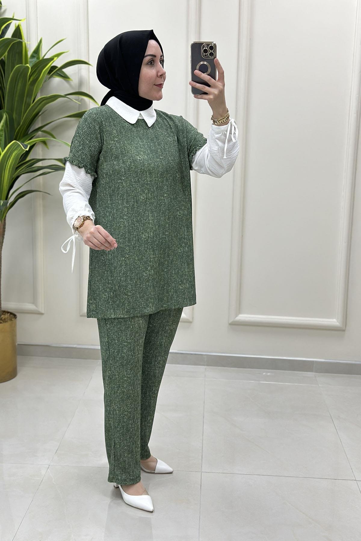 Tesettür Pantolonlu TakımKol Fırfır ve Bağlama Detaylı Tunik ve Pantolon Kadın İkili Takım Haki NRV 24504