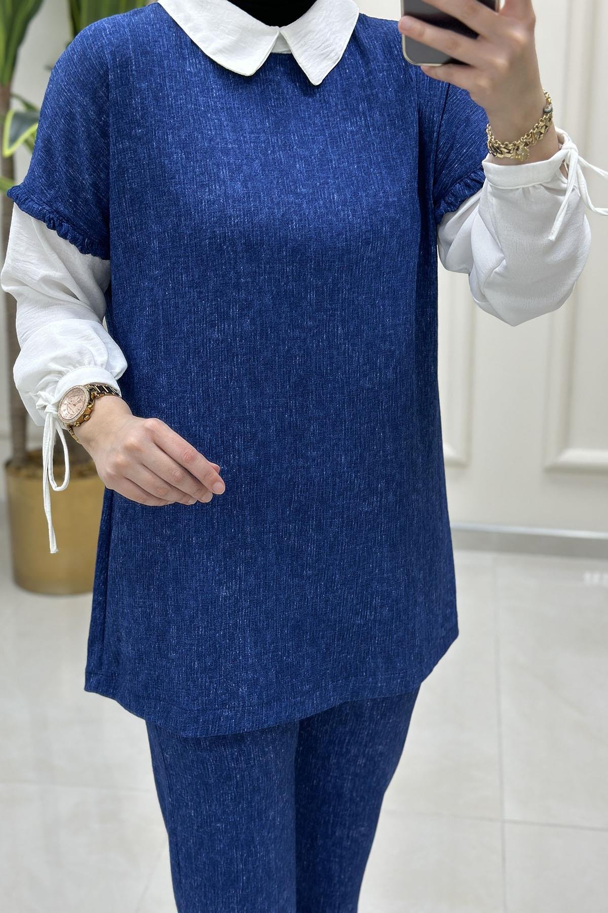 Tesettür Pantolonlu TakımKol Fırfır ve Bağlama Detaylı Tunik ve Pantolon Kadın İkili Takım Koyu İndigo NRV 24504