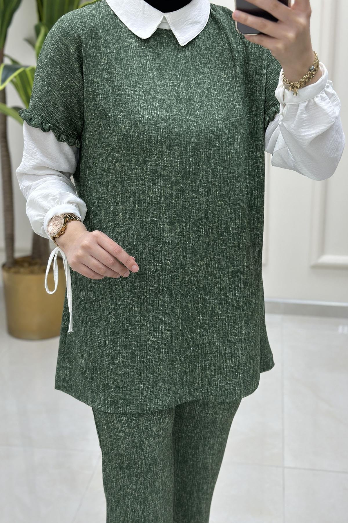 Tesettür Pantolonlu TakımKol Fırfır ve Bağlama Detaylı Tunik ve Pantolon Kadın İkili Takım Haki NRV 24504