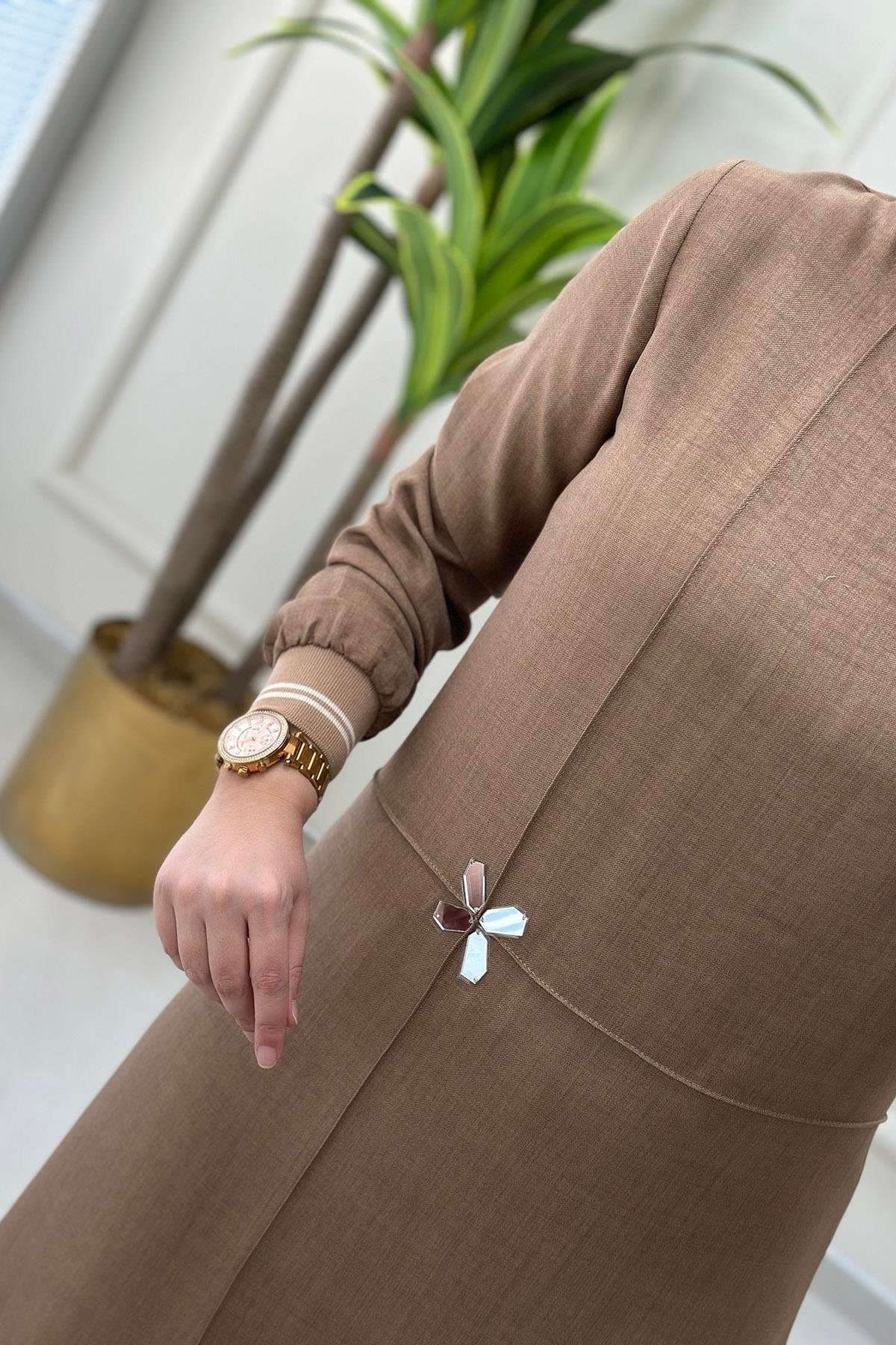 Tesettür Pantolonlu TakımKol ve Etek Ucu Ribanalı Tunik ve Pantolon Kadın İkili Takım Vizon SFF 4160