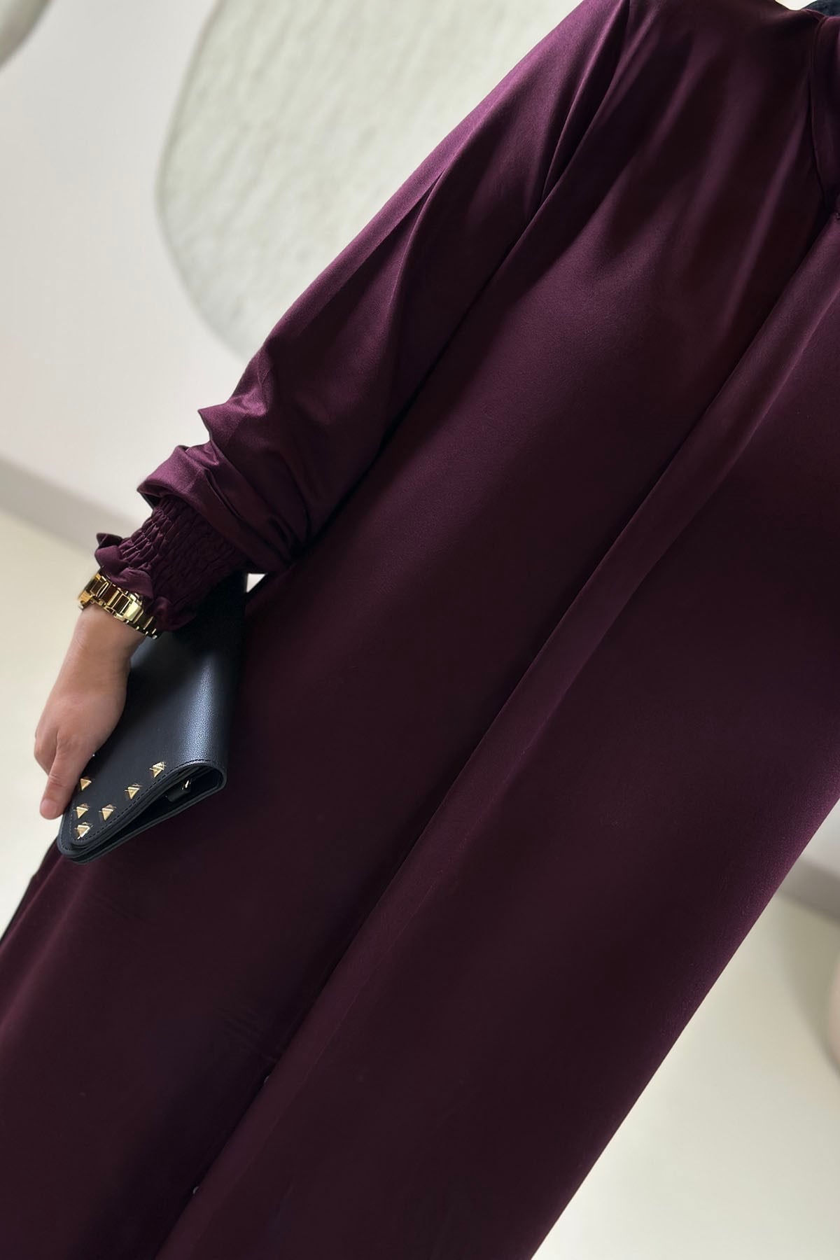 Tesettür Pantolonlu TakımKolu Büzgülü Uzun Tunik ve Bol Paça Pantolon Kadın İkili Takım Bordo KADO 268252