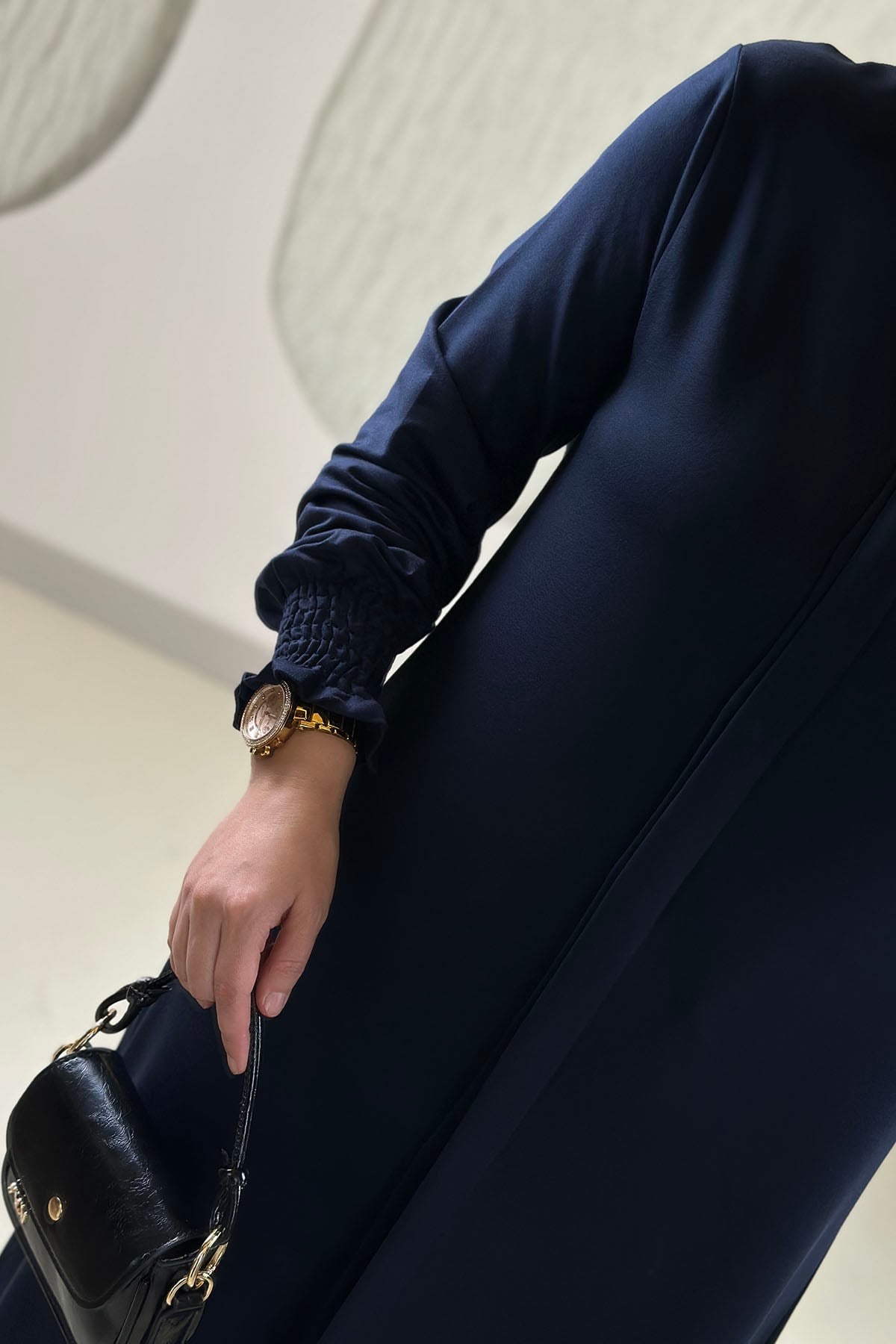 Tesettür Pantolonlu TakımKolu Büzgülü Uzun Tunik ve Bol Paça Pantolon Kadın İkili Takım Lacivert KADO 268252