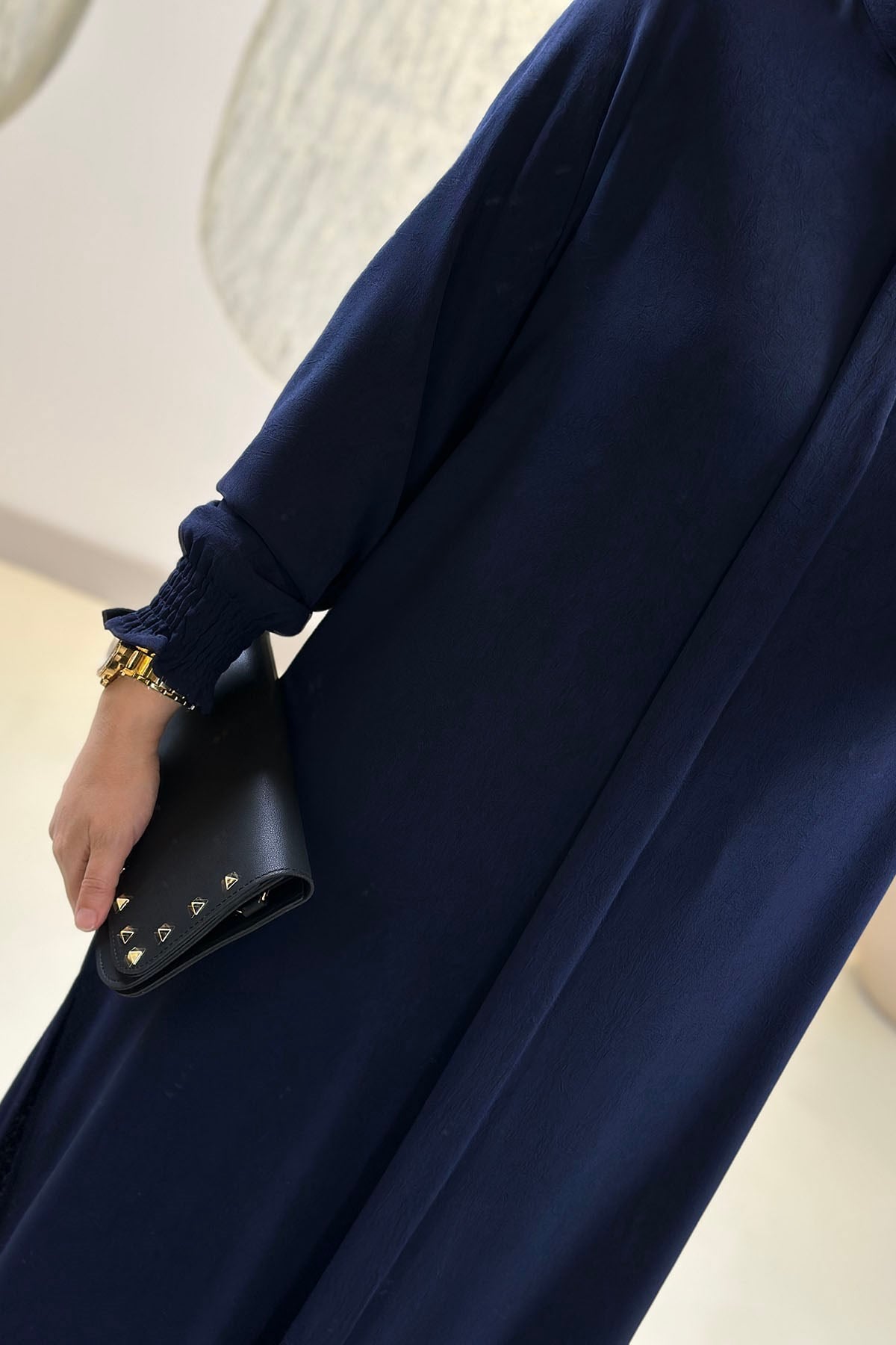 Tesettür Pantolonlu TakımKolu Büzgülü Uzun Tunik ve Bol Paça Pantolon Kadın İkili Takım Vizon Lacivert 251479