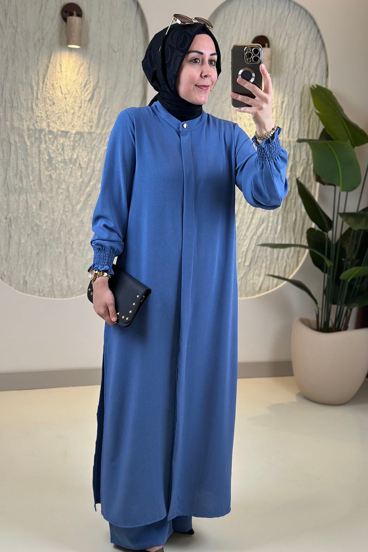 Tesettür Pantolonlu TakımKolu Büzgülü Uzun Tunik ve Bol Paça Pantolon Kadın İkili Takım Vizon İndigo 251479