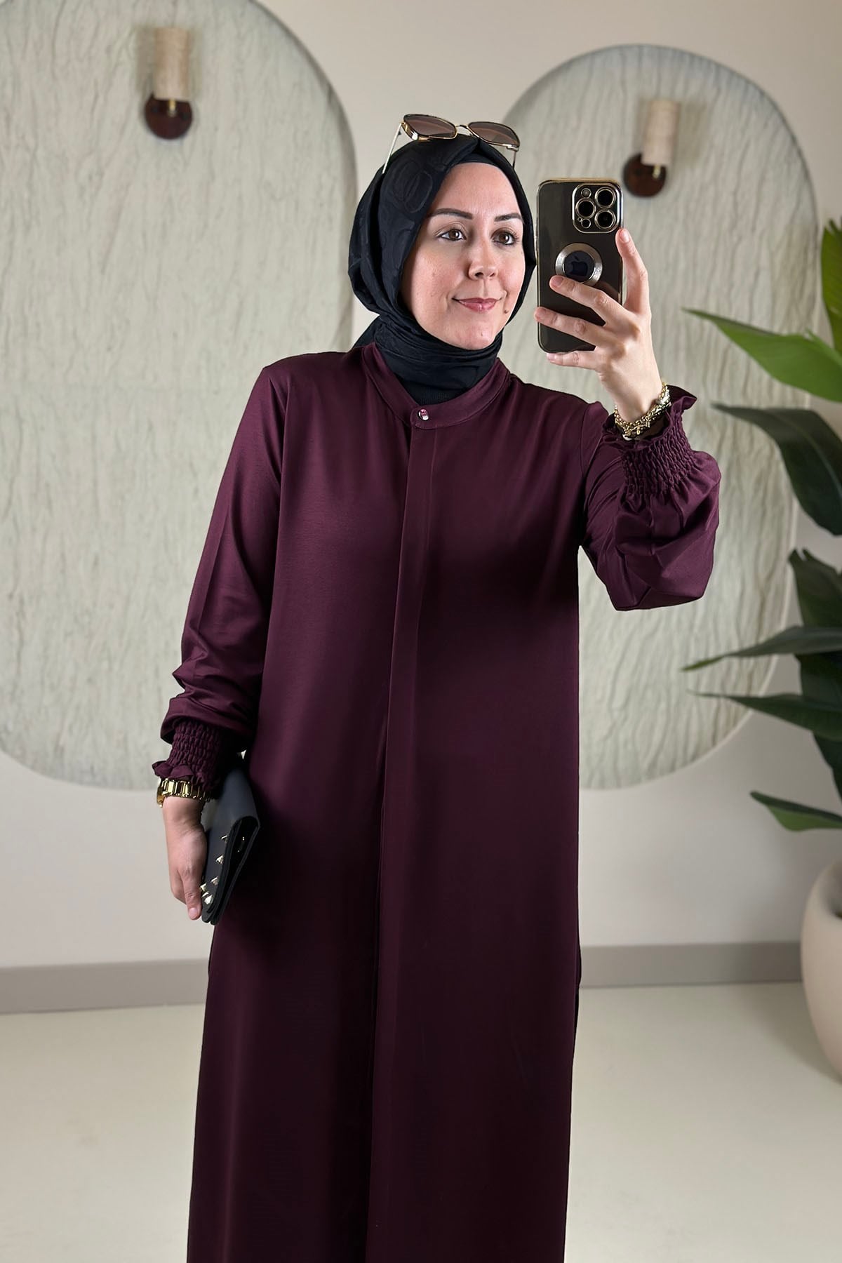 Tesettür Pantolonlu TakımKolu Büzgülü Uzun Tunik ve Bol Paça Pantolon Kadın İkili Takım Bordo KADO 268252