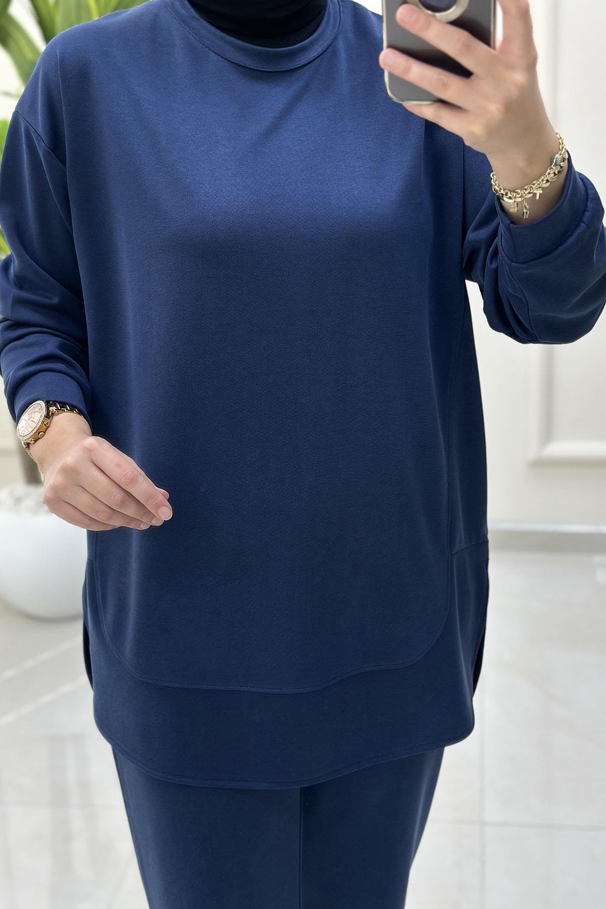 Tesettür Pantolonlu TakımModal Düşük Omuz Tunik ve Pantolon Kadın İkili Takım Koyu İndigo KADO 257088