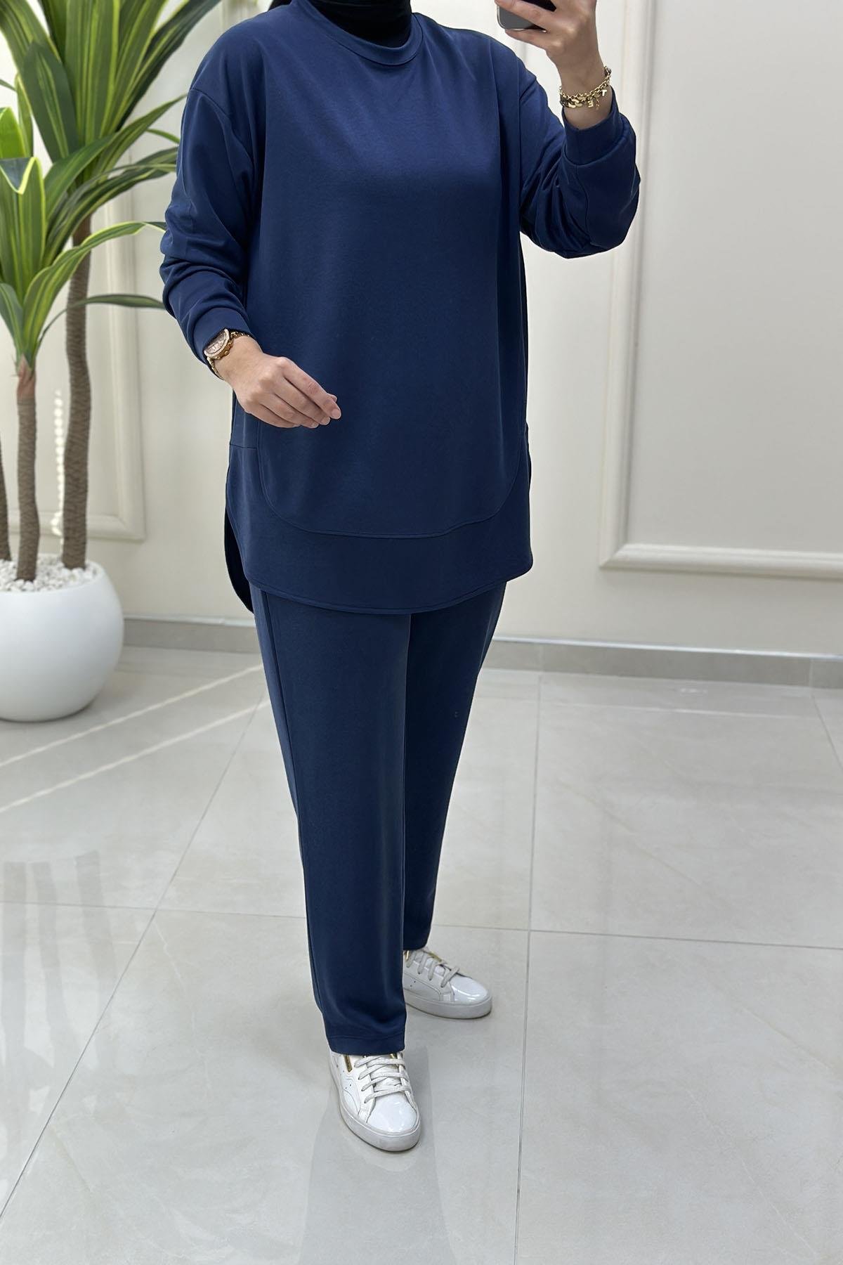 Tesettür Pantolonlu TakımModal Düşük Omuz Tunik ve Pantolon Kadın İkili Takım Koyu İndigo KADO 257088