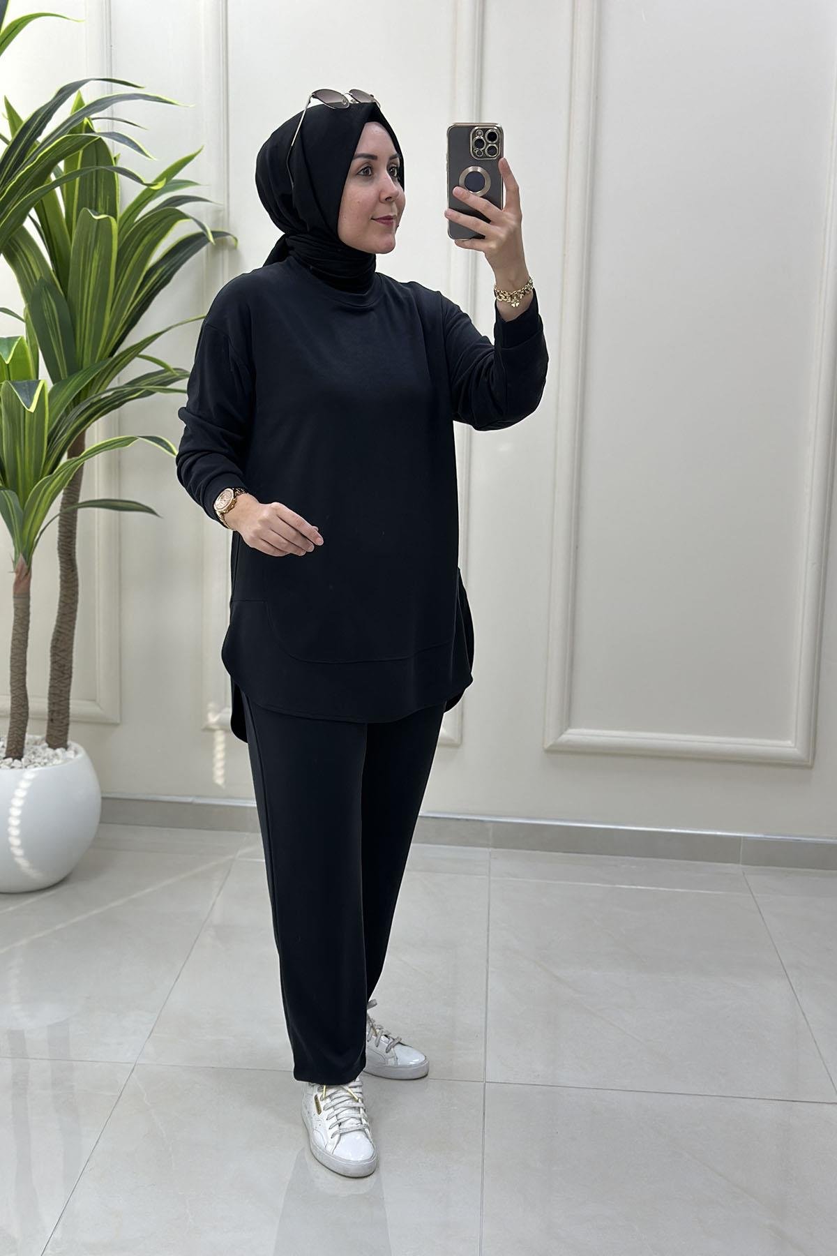 Tesettür Pantolonlu TakımModal Düşük Omuz Tunik ve Pantolon Kadın İkili Takım Siyah KADO 257088