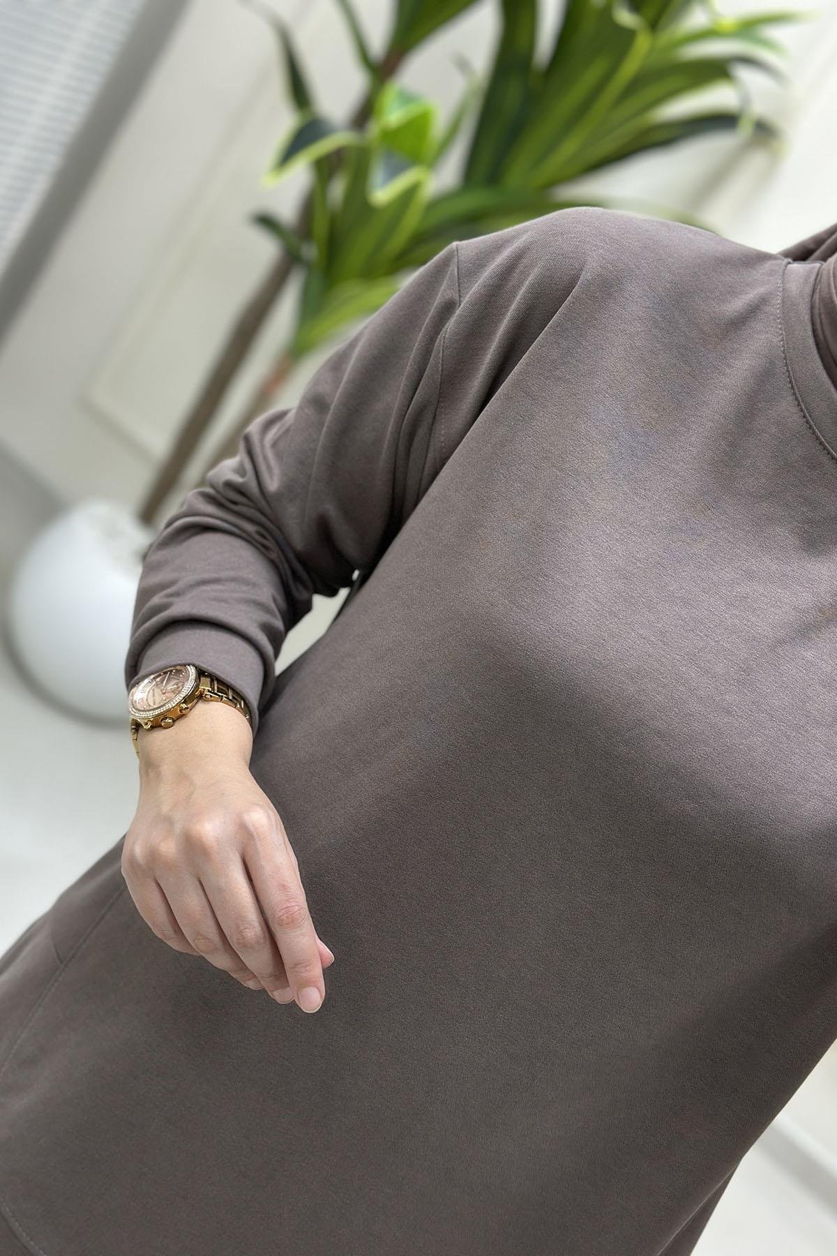 Tesettür Pantolonlu TakımModal Düşük Omuz Tunik ve Pantolon Kadın İkili Takım Vizon KADO 257088