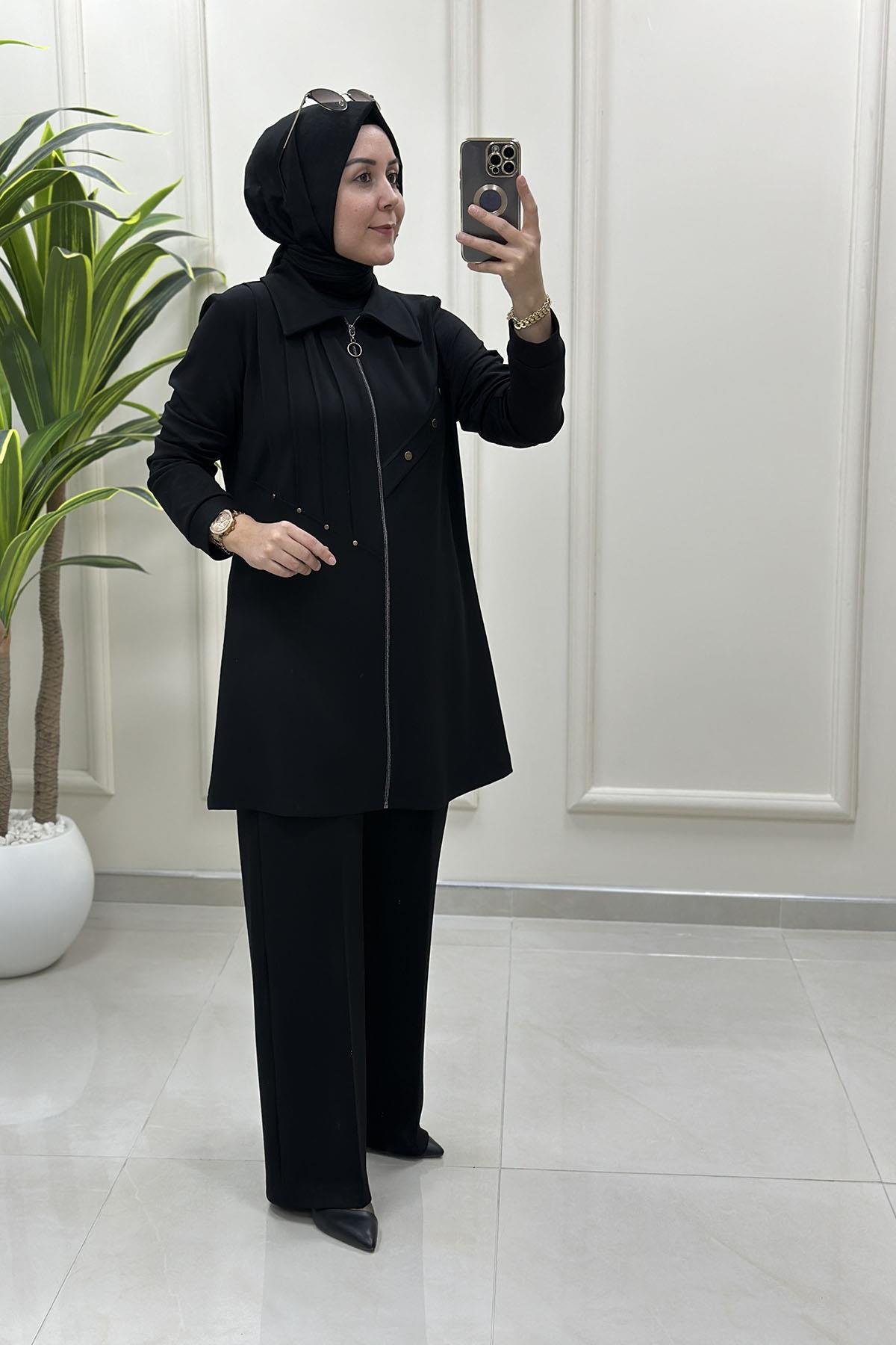 Tesettür Pantolonlu TakımModal Önü Fermuarlı Nervürlü Ceket ve Pantolon Kadın İkili Takım Siyah CNR 2225