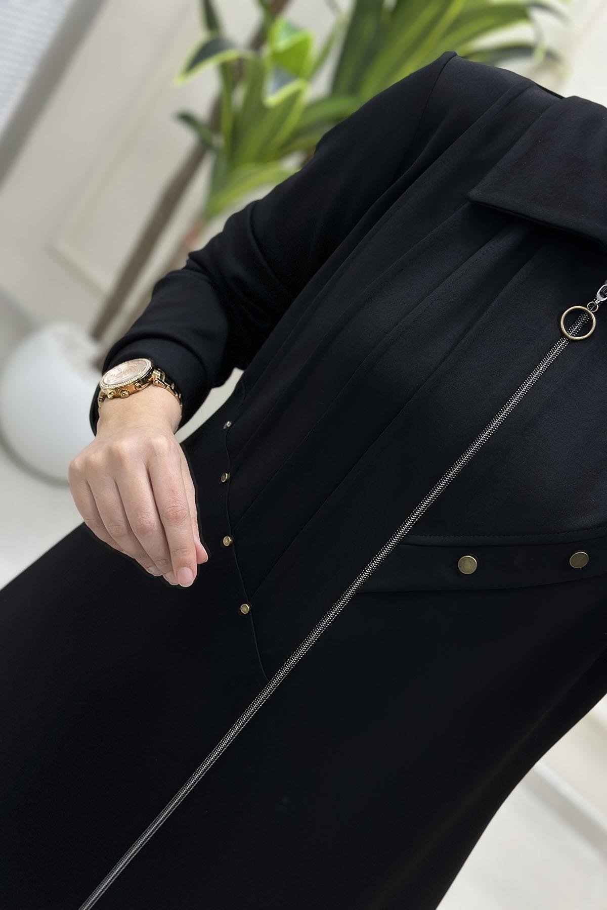 Tesettür Pantolonlu TakımModal Önü Fermuarlı Nervürlü Ceket ve Pantolon Kadın İkili Takım Siyah CNR 2225