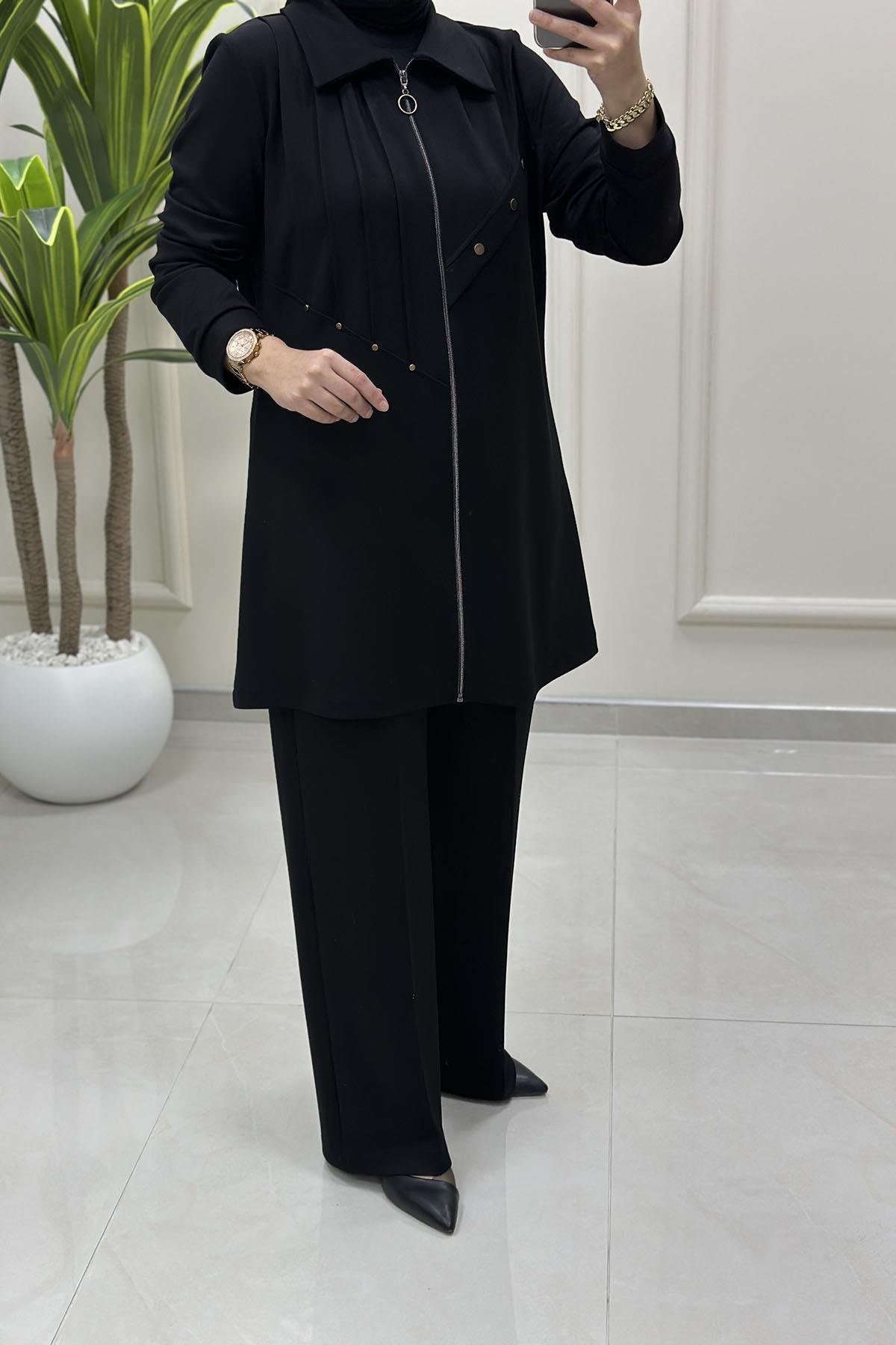 Tesettür Pantolonlu TakımModal Önü Fermuarlı Nervürlü Ceket ve Pantolon Kadın İkili Takım Siyah CNR 2225