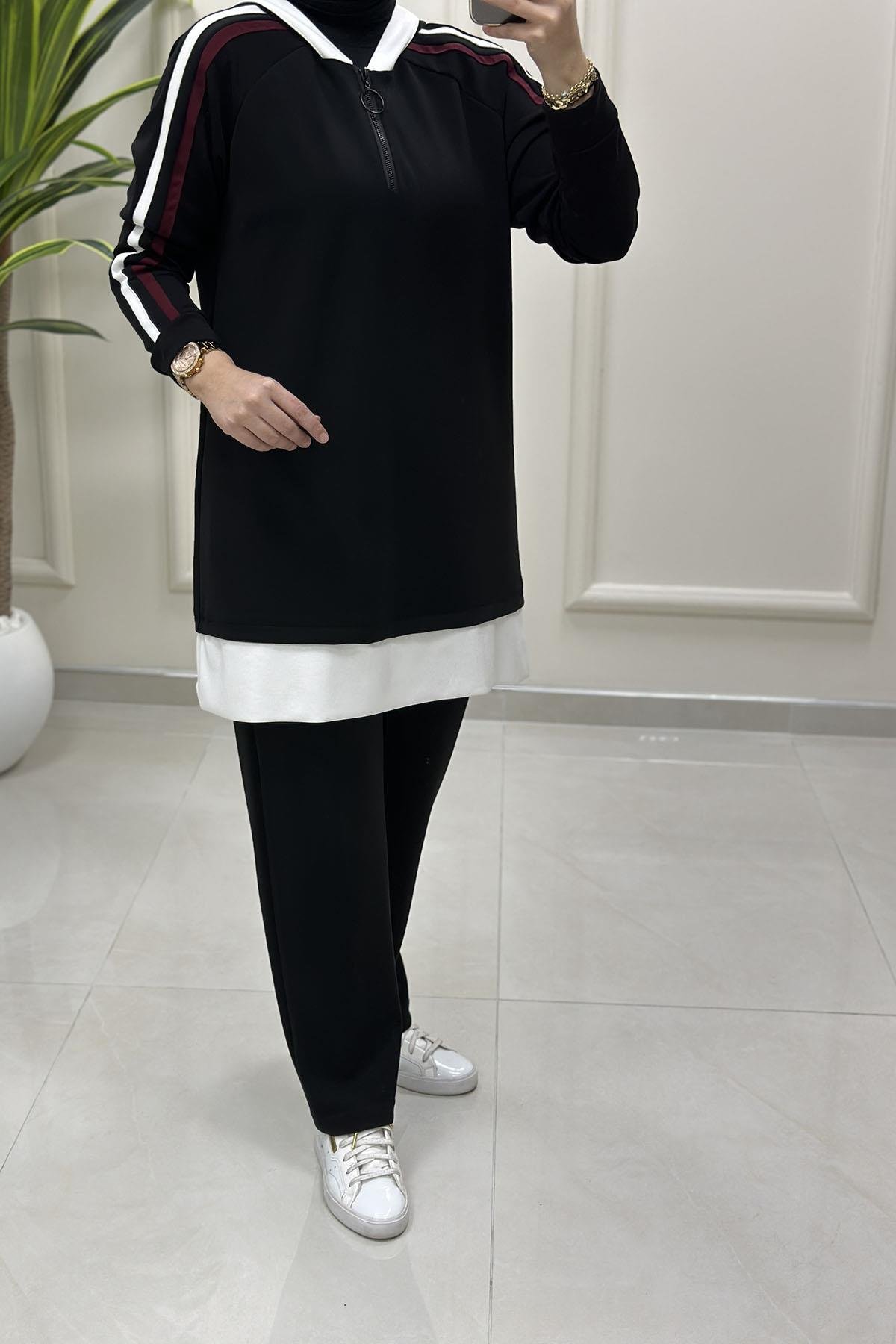 Tesettür Pantolonlu TakımModal Oysho Kol Şerit Detaylı Tunik ve Pantolon Kadın İkili Takım Siyah KADO 257949