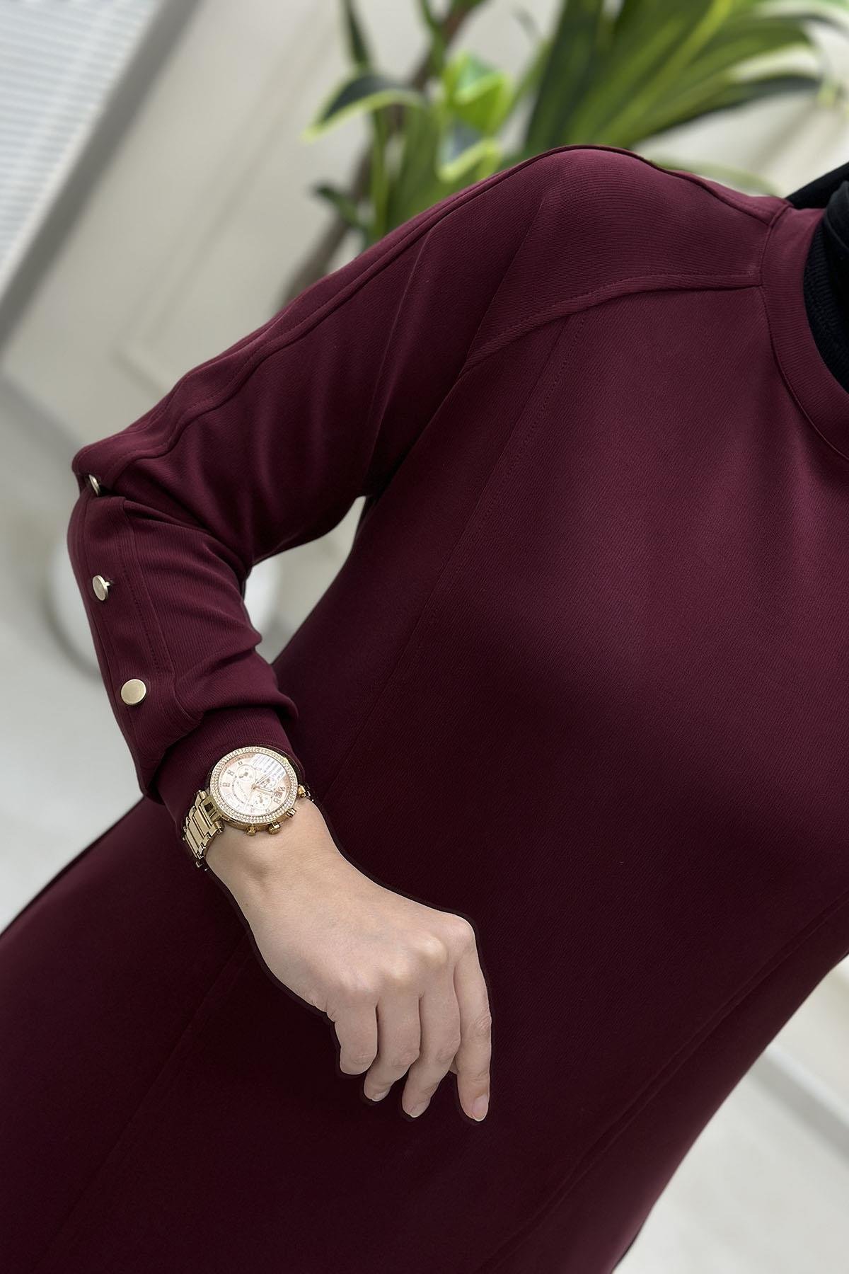 Tesettür Pantolonlu TakımModal Oysho Kol Düğme Detaylı Tunik ve Pantolon Kadın İkili Takım Bordo KADO 257806