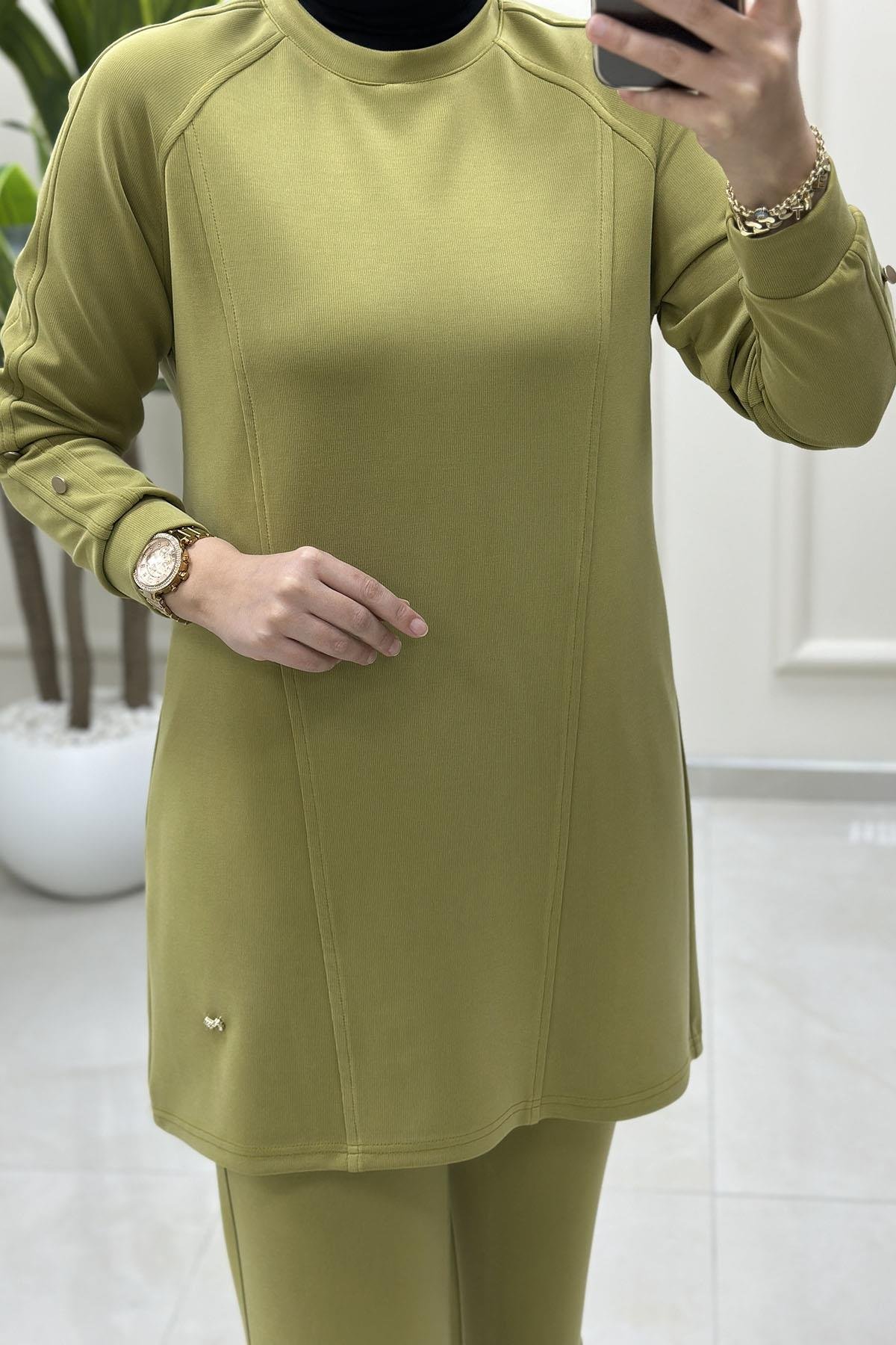 Tesettür Pantolonlu TakımModal Oysho Kol Düğme Detaylı Tunik ve Pantolon Kadın İkili Takım Yağ Yeşili KADO 257806