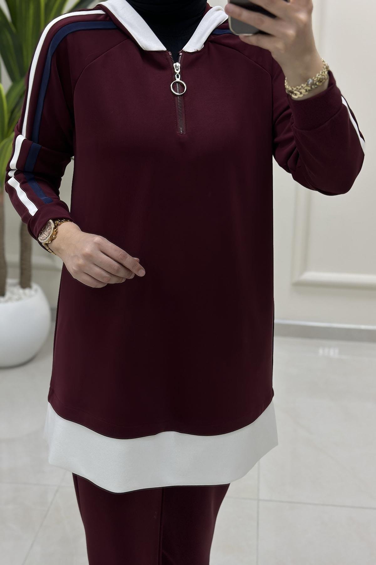 Tesettür Pantolonlu TakımModal Oysho Kol Şerit Detaylı Tunik ve Pantolon Kadın İkili Takım Bordo KADO 257949