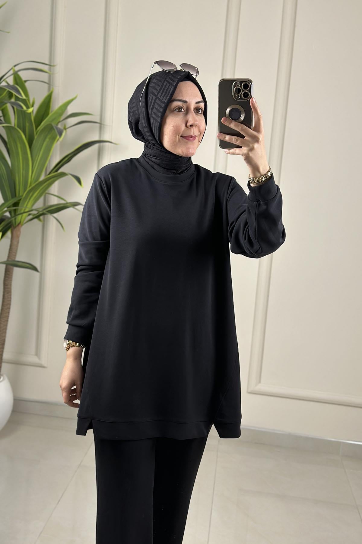 Tesettür Pantolonlu TakımModal Oysho Ön Dikiş Detaylı Tunik ve Pantolon Kadın İkili Takım Siyah KADO 257331