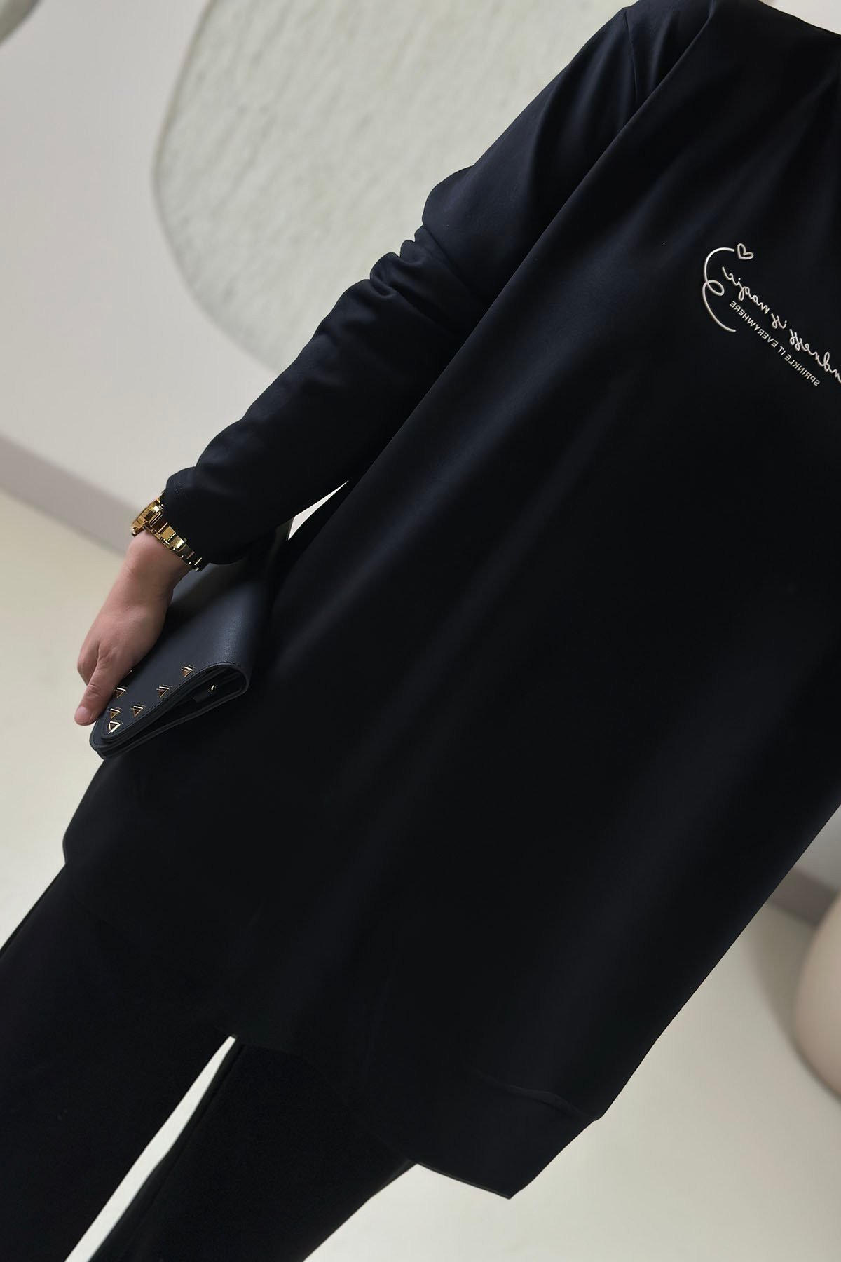 Tesettür Pantolonlu TakımModal Oysho Önü Baskılı Tunik ve Pantolon Kadın İkili Takım Siyah EYL 2242 