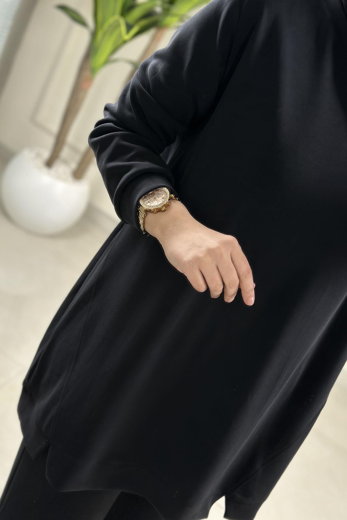 Tesettür Pantolonlu TakımModal Oysho Ön Dikiş Detaylı Tunik ve Pantolon Kadın İkili Takım Siyah KADO 257331