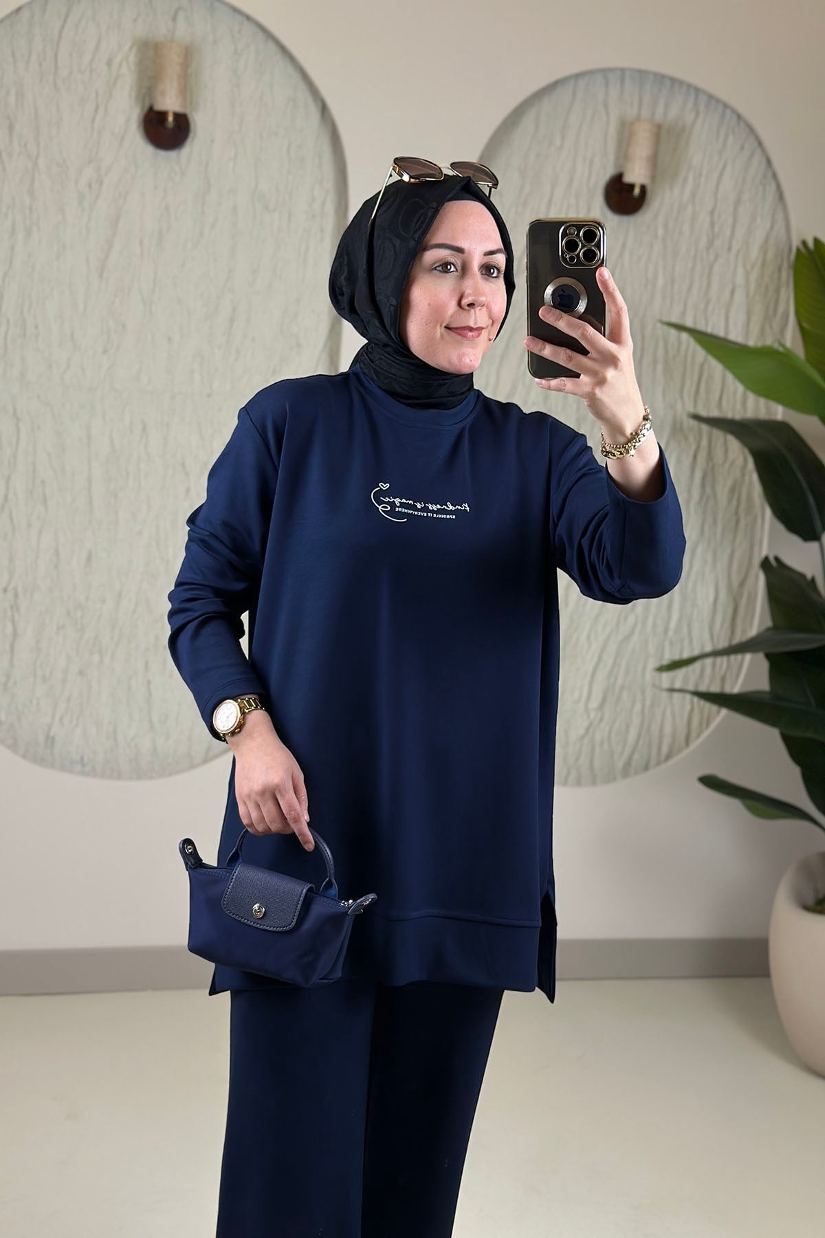 Tesettür Pantolonlu TakımModal Oysho Önü Baskılı Tunik ve Pantolon Kadın İkili Takım Lacivert EYL 2242 