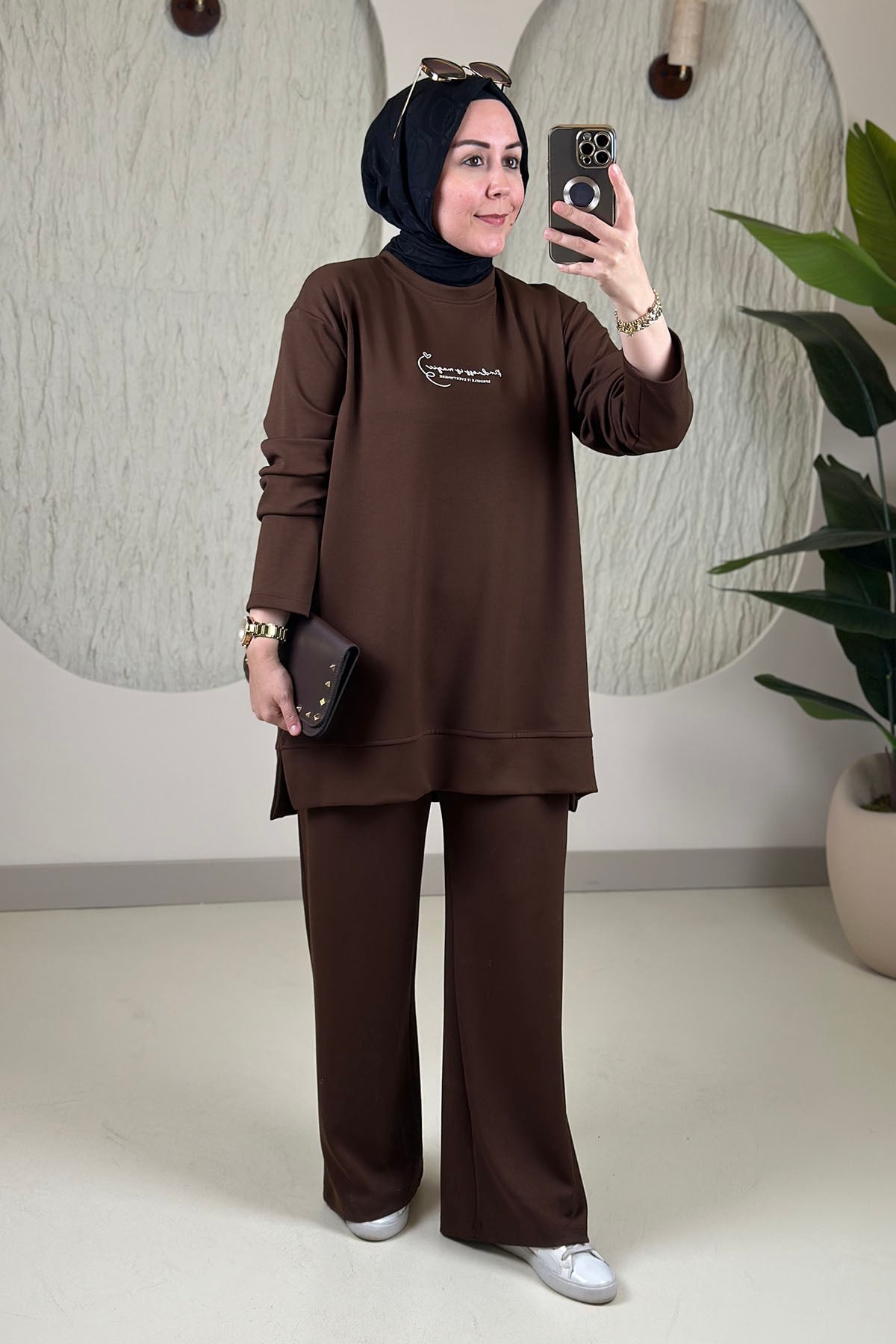 Tesettür Pantolonlu TakımModal Oysho Önü Baskılı Tunik ve Pantolon Kadın İkili Takım Kahverengi EYL 2242 