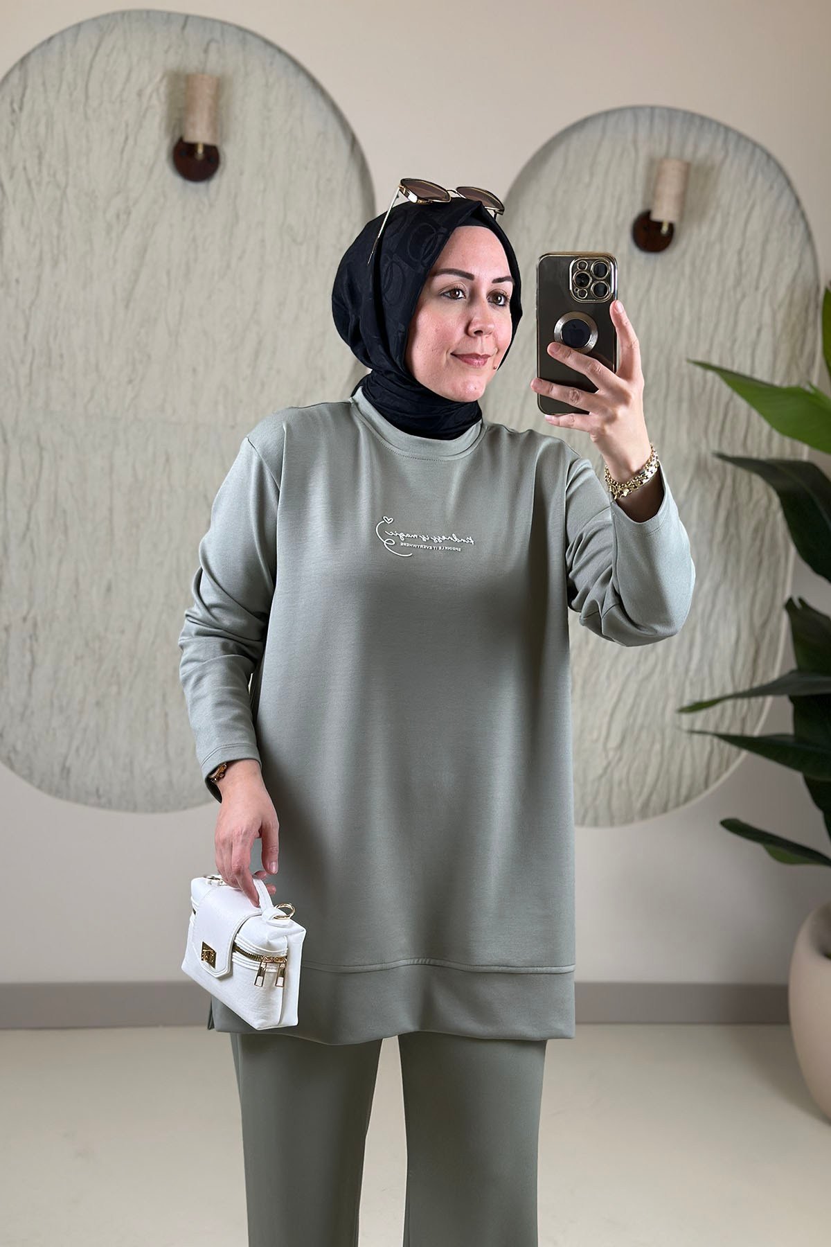 Tesettür Pantolonlu TakımModal Oysho Önü Baskılı Tunik ve Pantolon Kadın İkili Takım Yeşil EYL 2242 