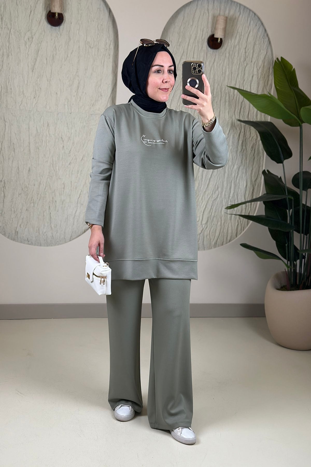 Tesettür Pantolonlu TakımModal Oysho Önü Baskılı Tunik ve Pantolon Kadın İkili Takım Yeşil EYL 2242 