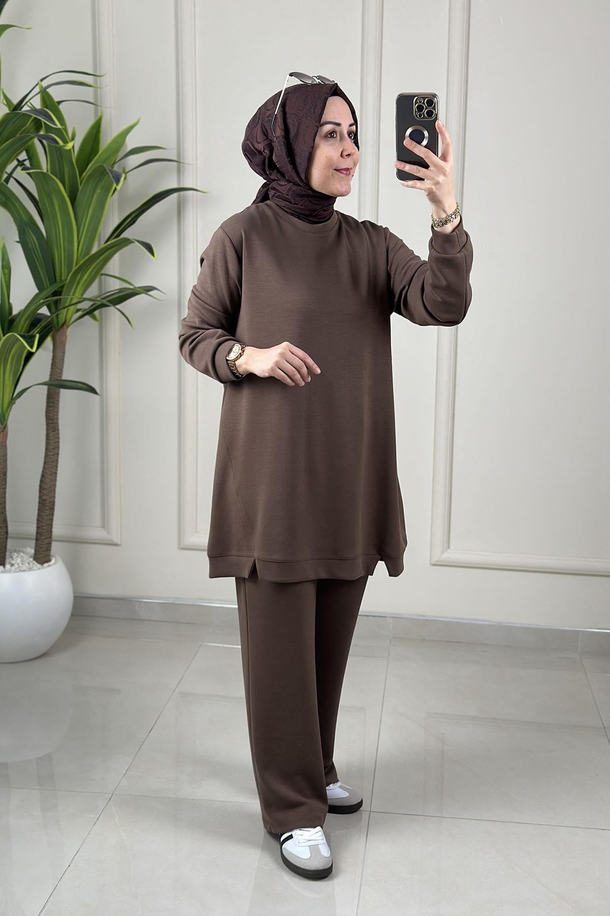 Tesettür Pantolonlu TakımModal Oysho Ön Dikiş Detaylı Tunik ve Pantolon Kadın İkili Takım Vizon KADO 257331